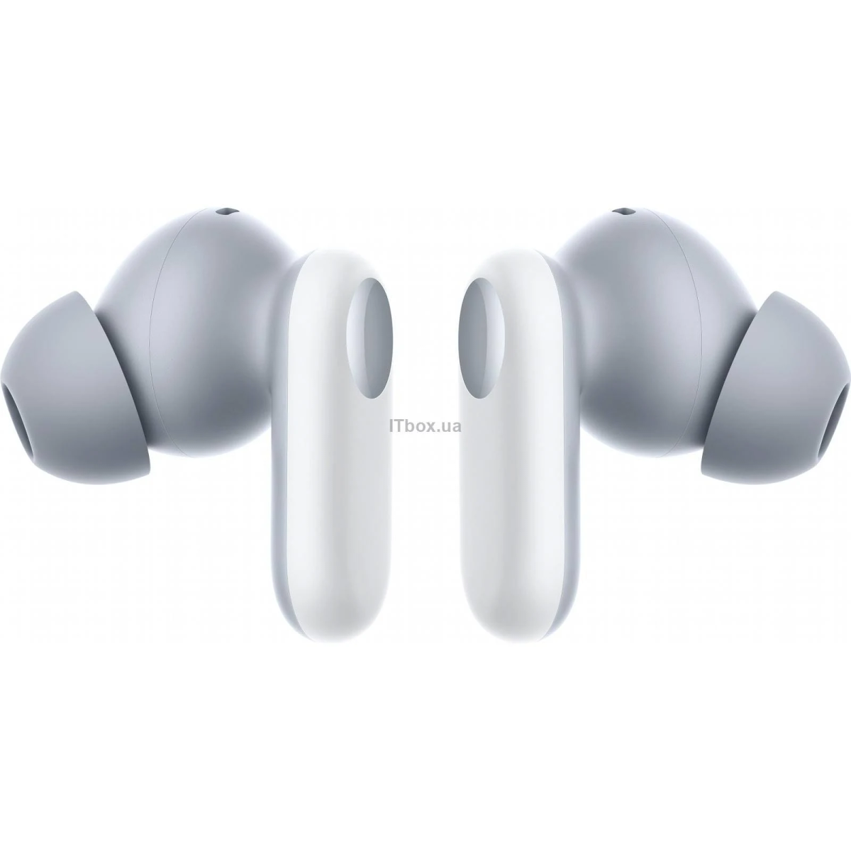Un par de auriculares grises y blancos, vistos de frente, aislados sobre blanco.