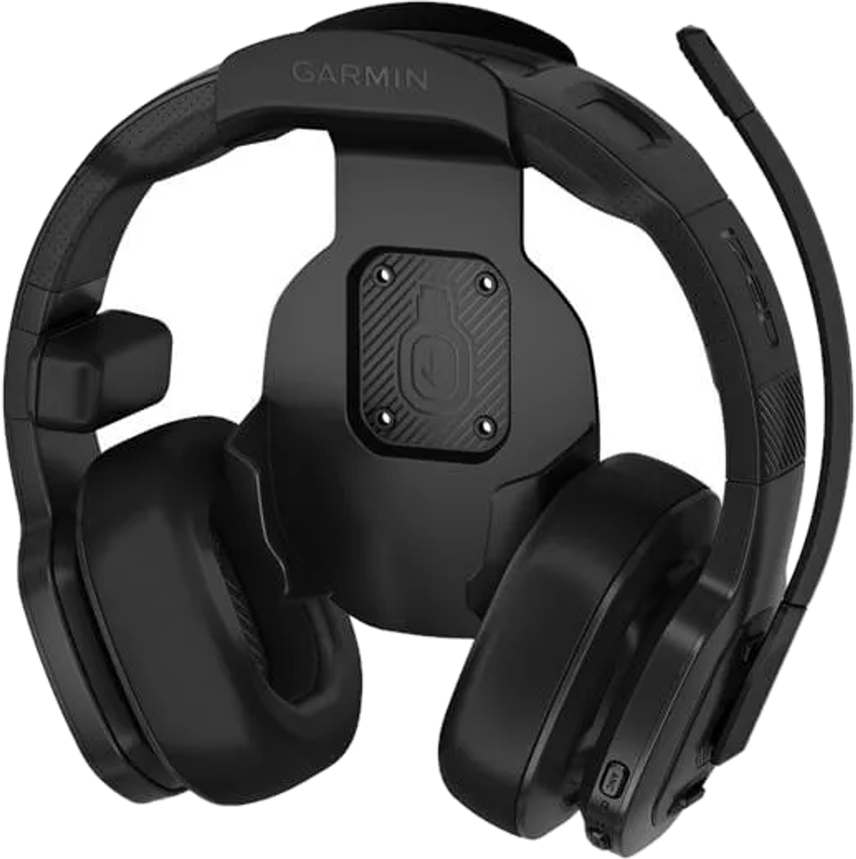 Cuffie da gioco nere con microfono, appoggiate su un supporto.