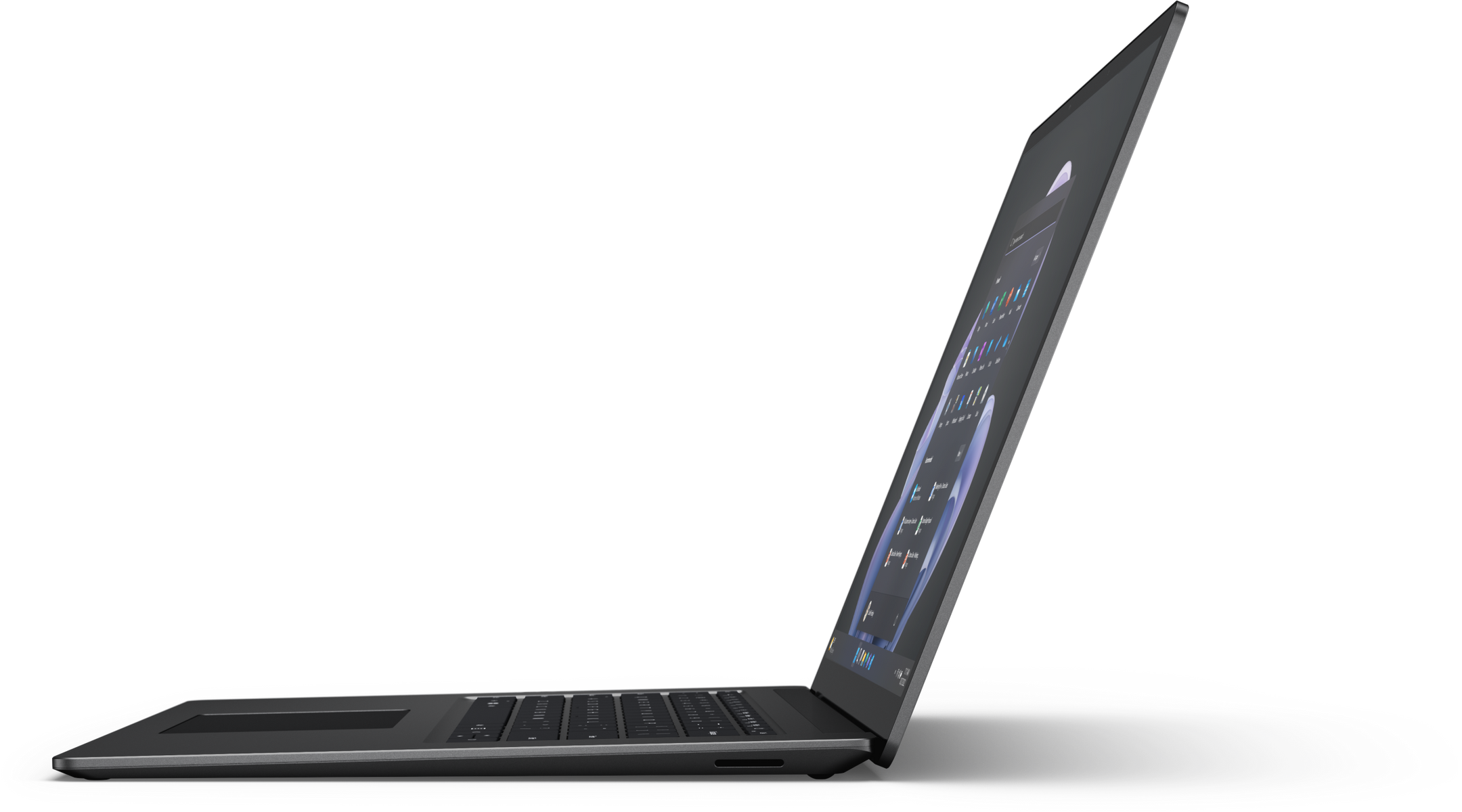 Ein silberner Laptop im Profil, der einen Bildschirm mit einer blau-weißen Oberfläche zeigt.