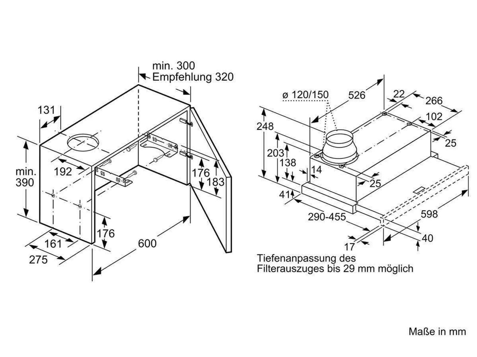 Dibujo técnico de una campana extractora con dimensiones y componentes internos.