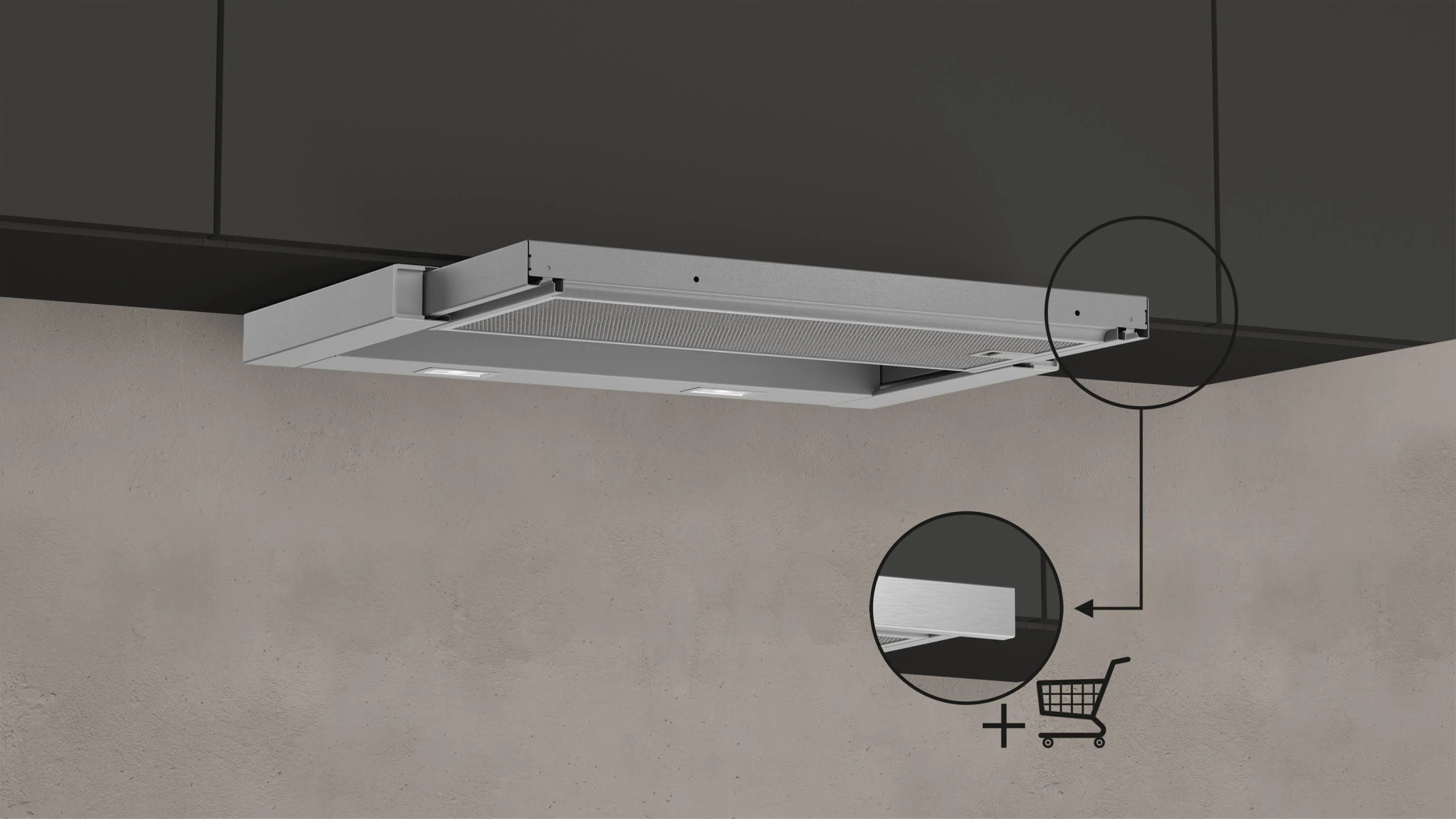 Una campana de cocina plateada con dos luces y fondo negro. Hay un icono a la derecha.