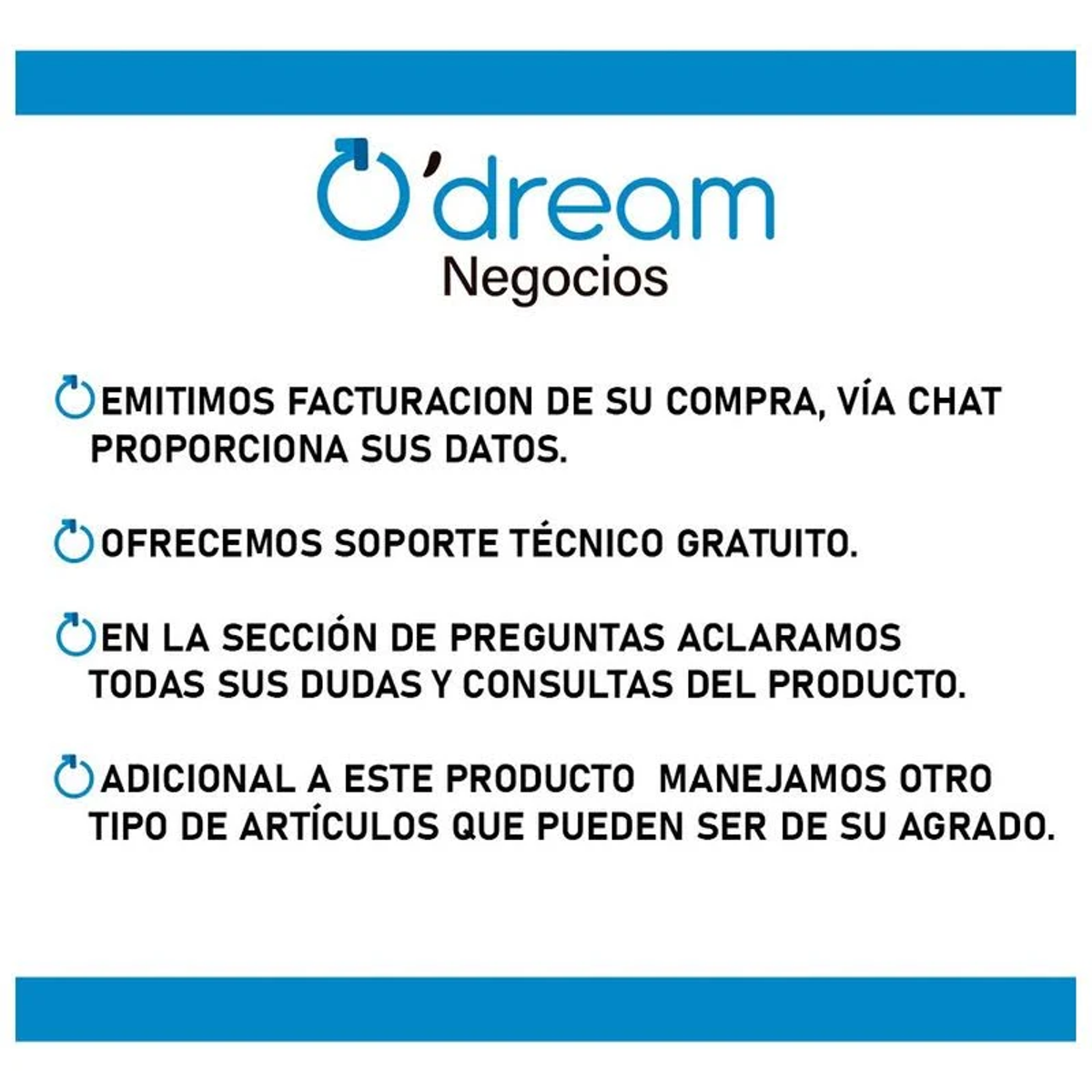 Hiszpański tekst na niebieskim tle. Wymienia usługi: fakturowanie, wsparcie techniczne i szczegóły produktu.