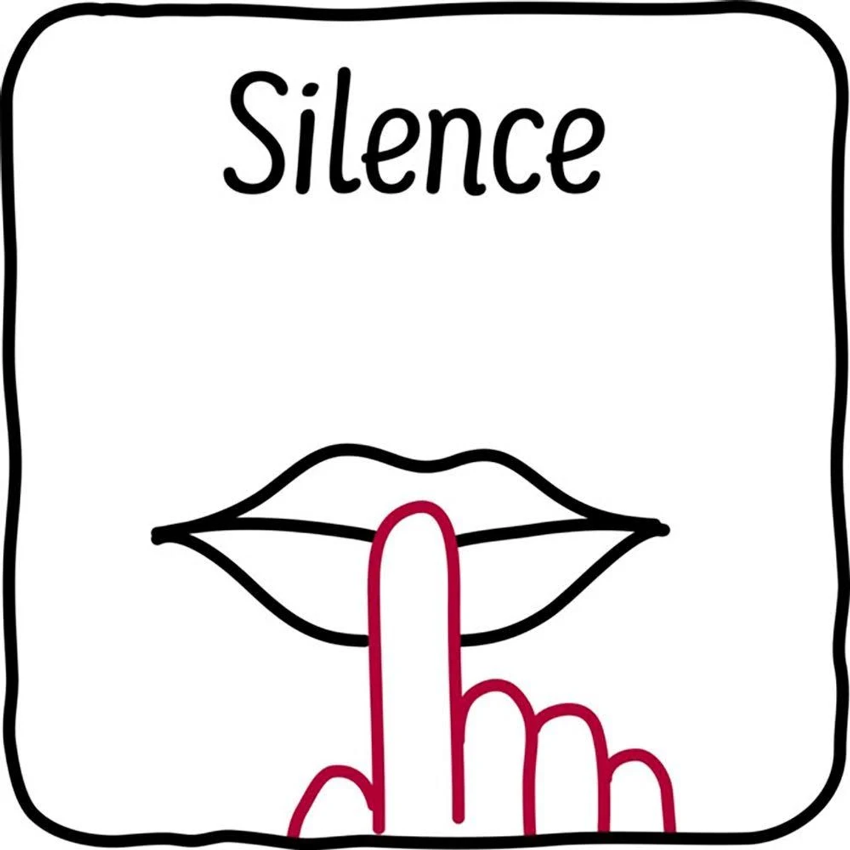 Illustratie van lippen met een vinger ervoor, met het woord "Silence" erboven. Witte achtergrond.
