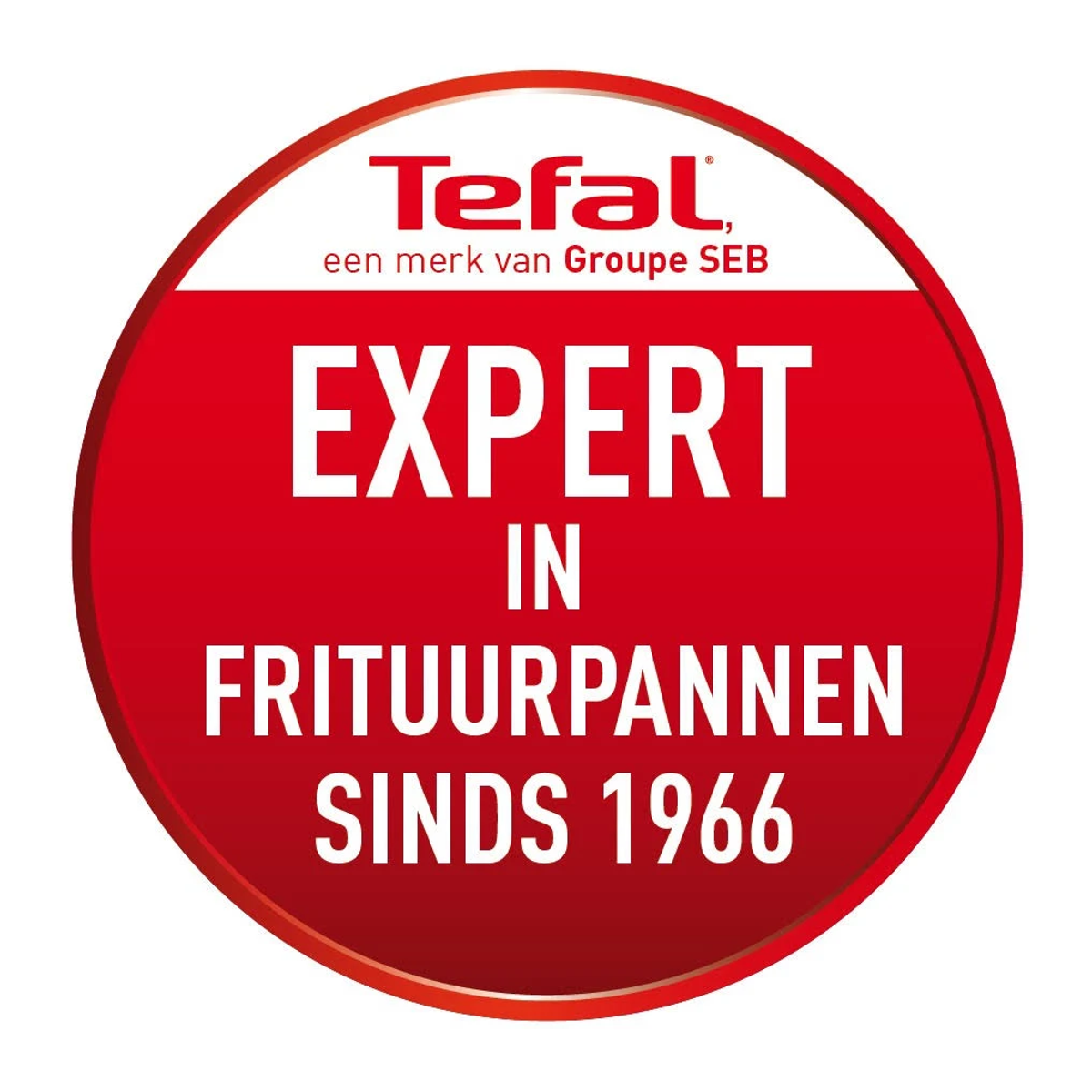Un logotipo rojo y blanco de Tefal, que dice 'EXPERT IN FRITUURPANNEN SINDS 1966'.