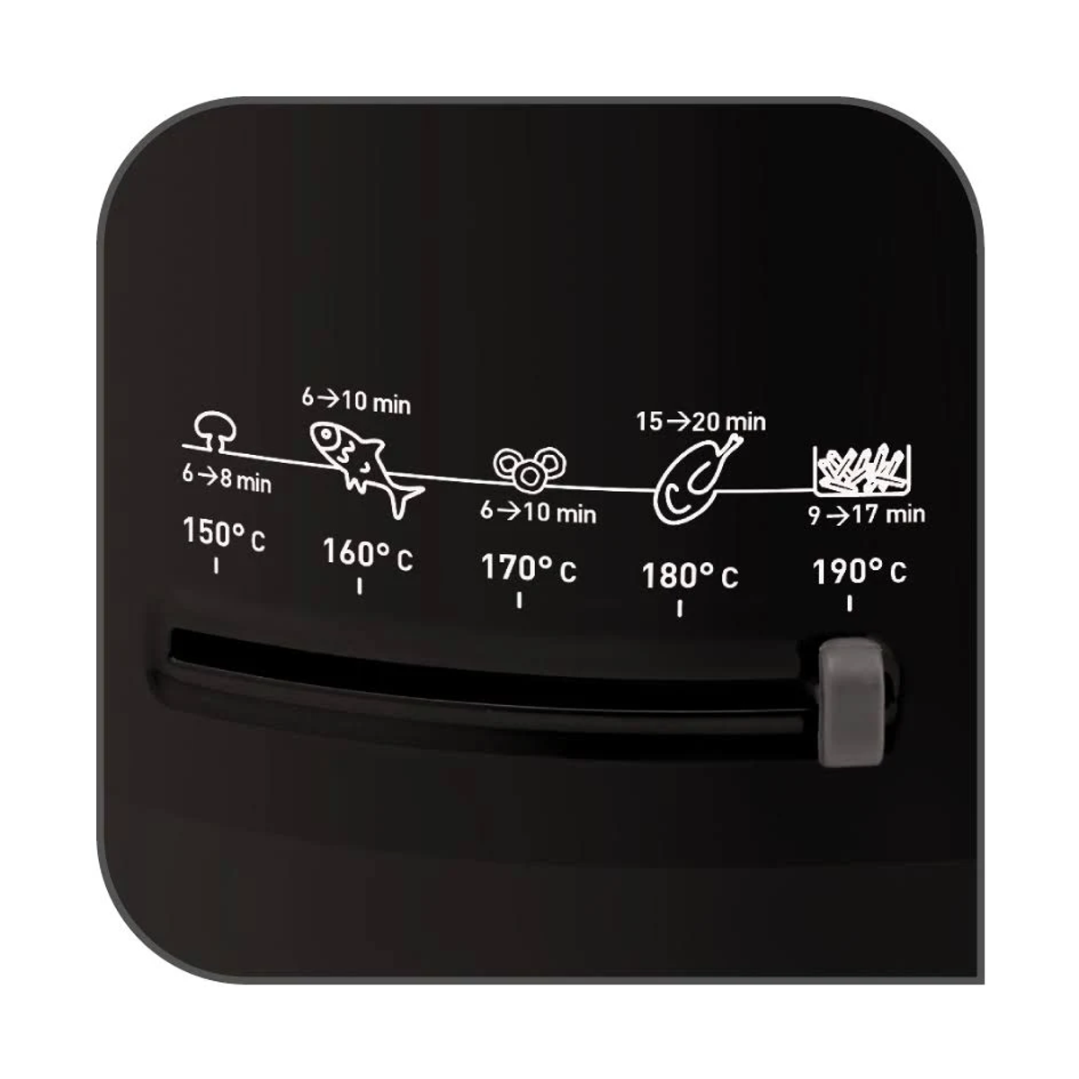 Panel sterowania z czasami i temperaturami gotowania dla różnych produktów spożywczych.