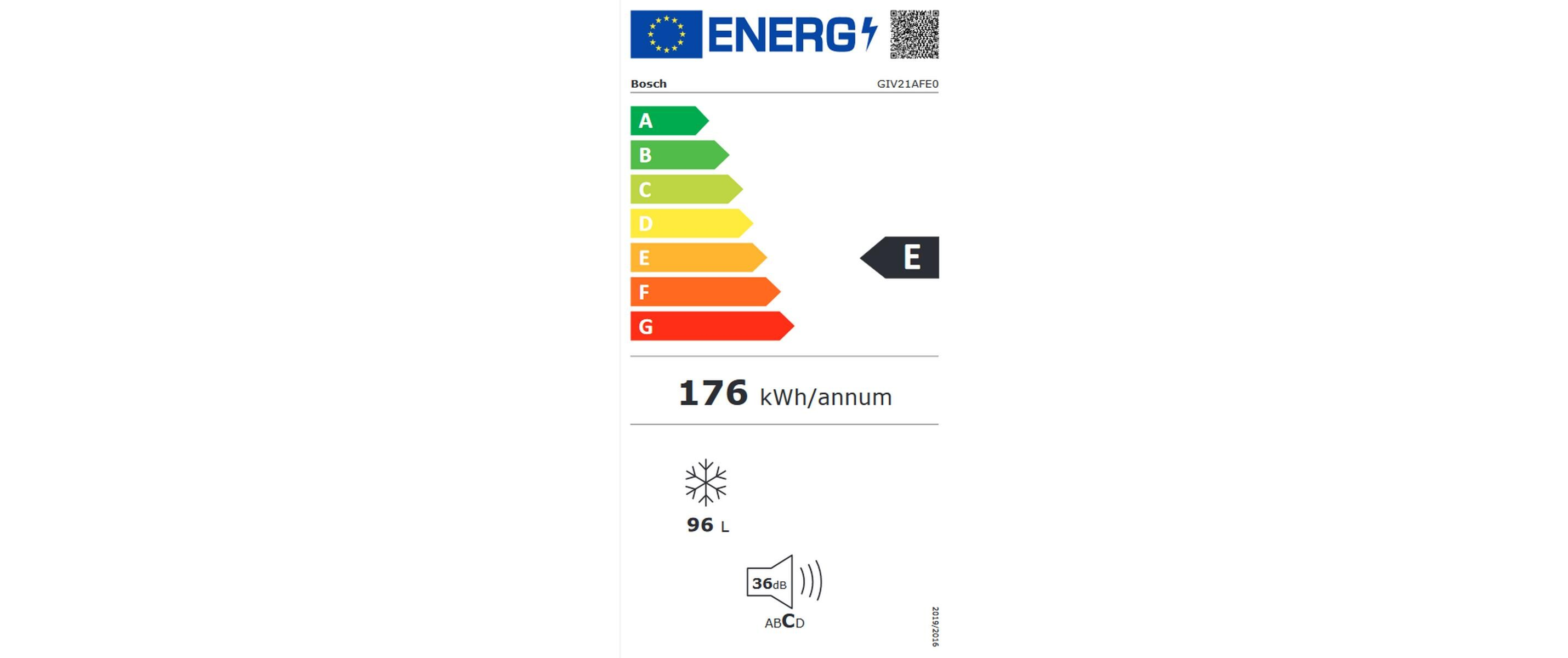 Etichetta energetica con valutazioni e dettagli sui consumi, con sfondo bianco.