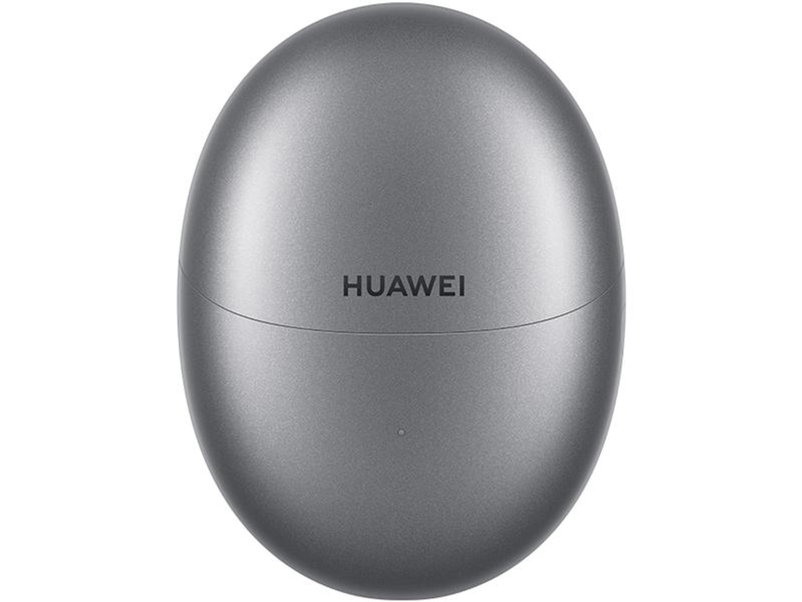 Custodia grigia ovale per auricolari Huawei. Il marchio è stampato sulla parte anteriore.