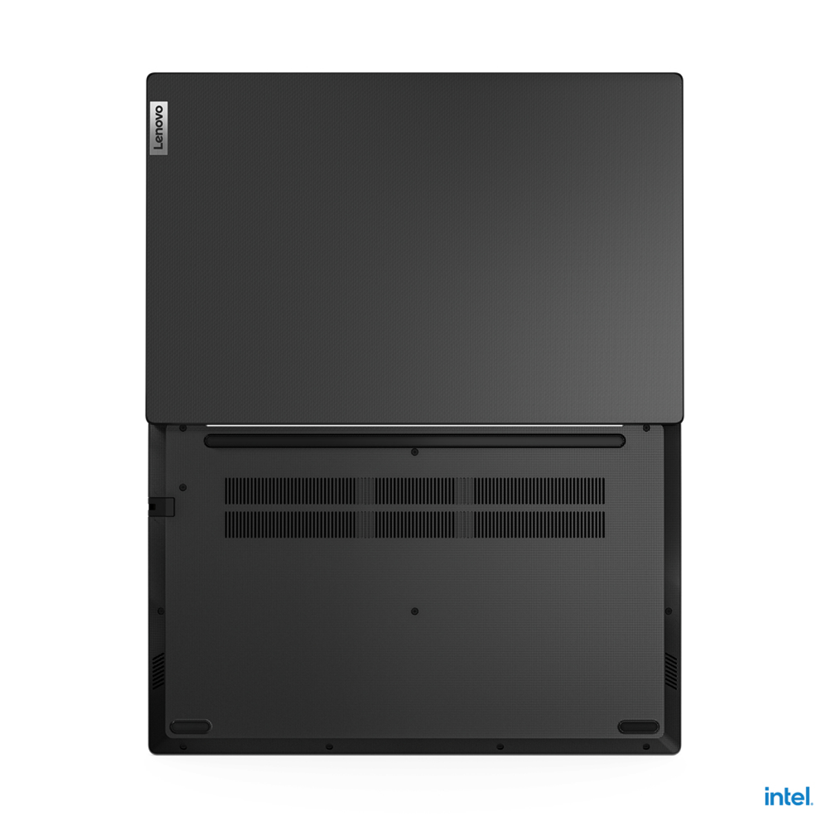 Laptop Lenovo nero, visto dal basso. Il coperchio è aperto. Adesivo Intel visibile.