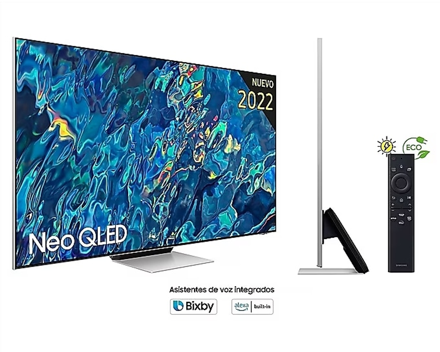 Un televisor grande con mando a distancia y vista lateral. El televisor dice 'Nuevo 2022'.