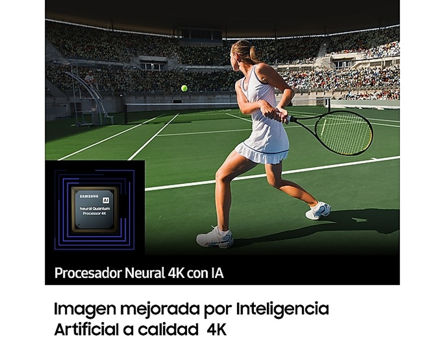 Mujer jugando al tenis. El texto en español dice que la imagen fue mejorada por Inteligencia Artificial 4K.