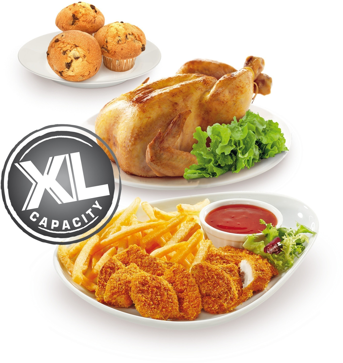 Un plato de comida frita, un pollo asado entero y magdalenas, etiquetados con XL CAPACITY.