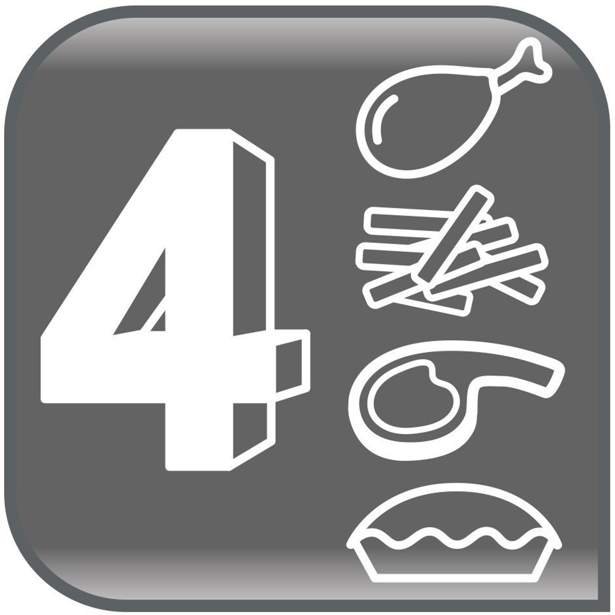 Icono con el número 4 e iconos de comida: muslo de pollo, patatas fritas y tarta.