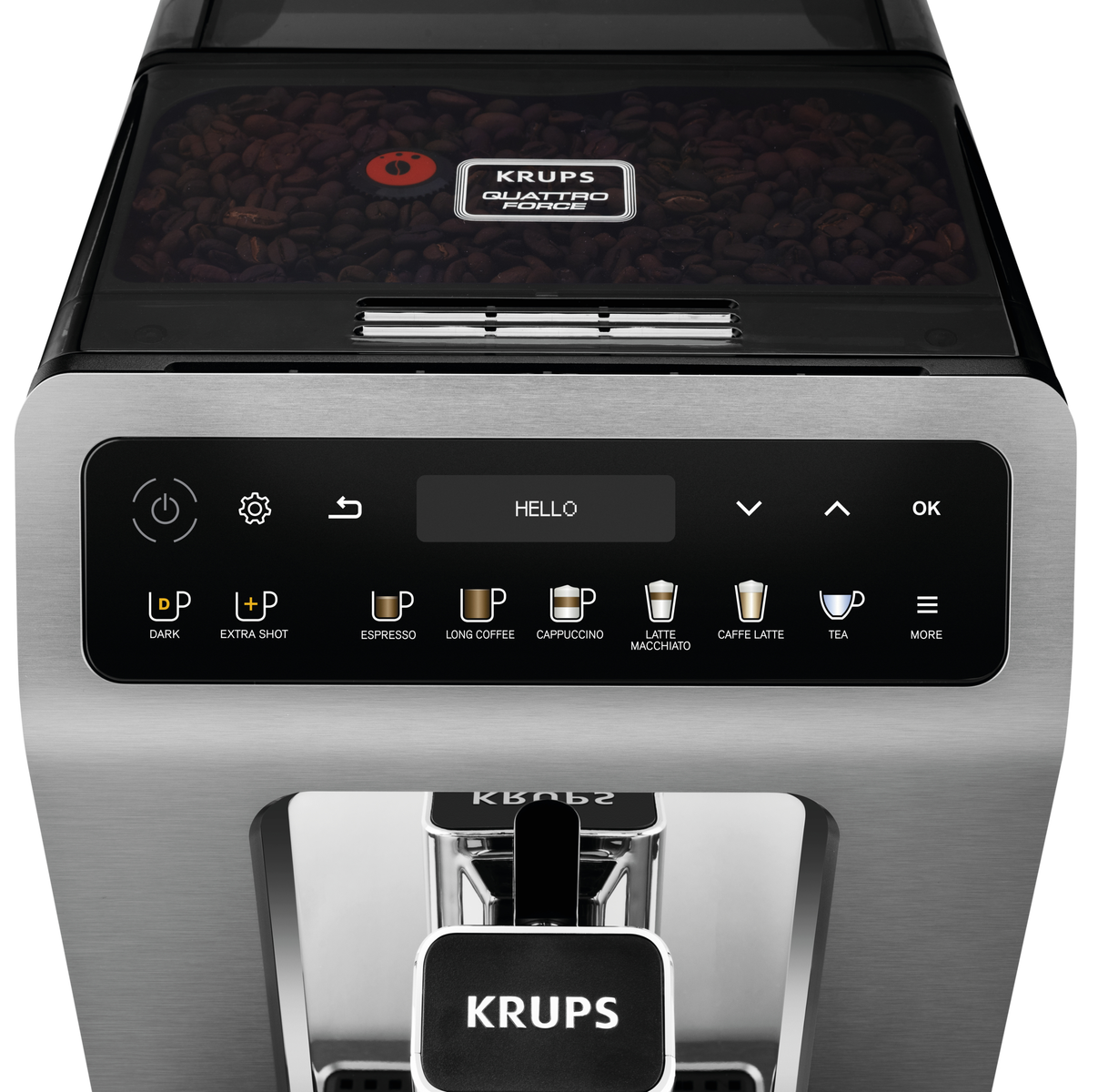 Panel frontal de una cafetera Krups, con botones y pantalla, y un contenedor de granos arriba.