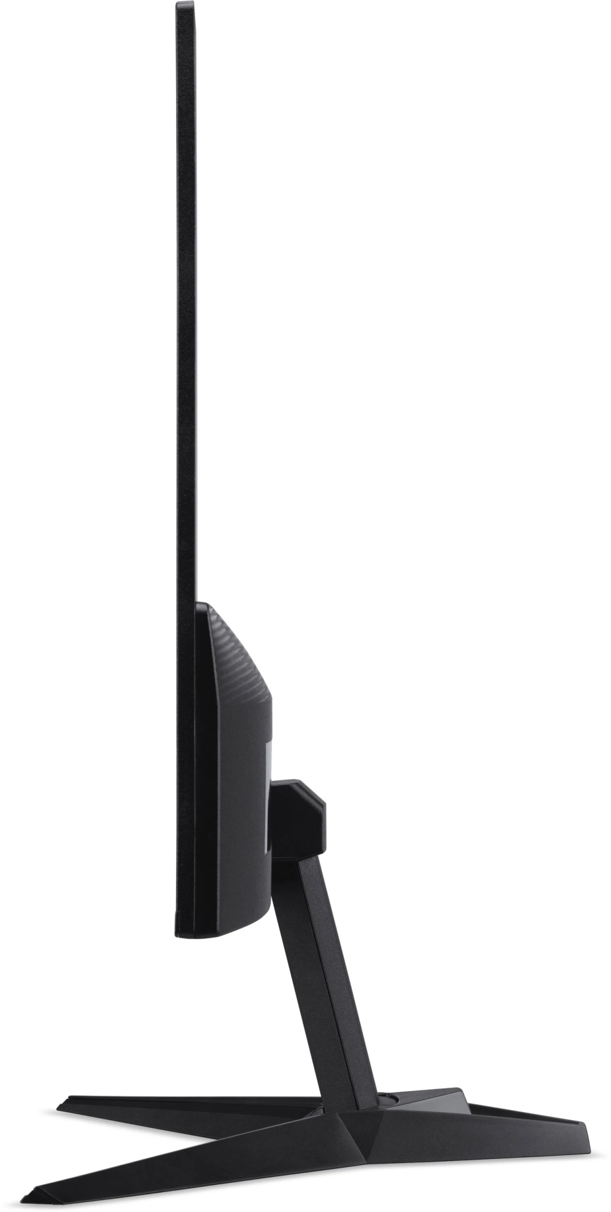 Widok z boku czarnego monitora komputera. Stojak podtrzymuje monitor na białym tle.