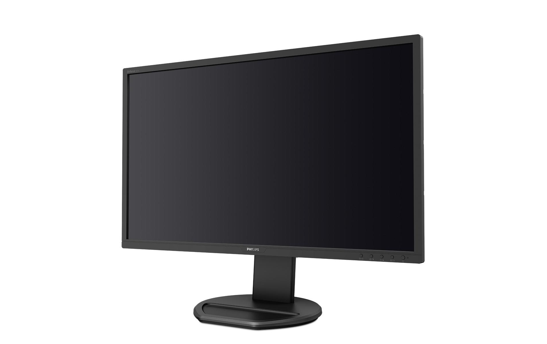 Monitor per computer nero su supporto, vista angolata, sfondo bianco.