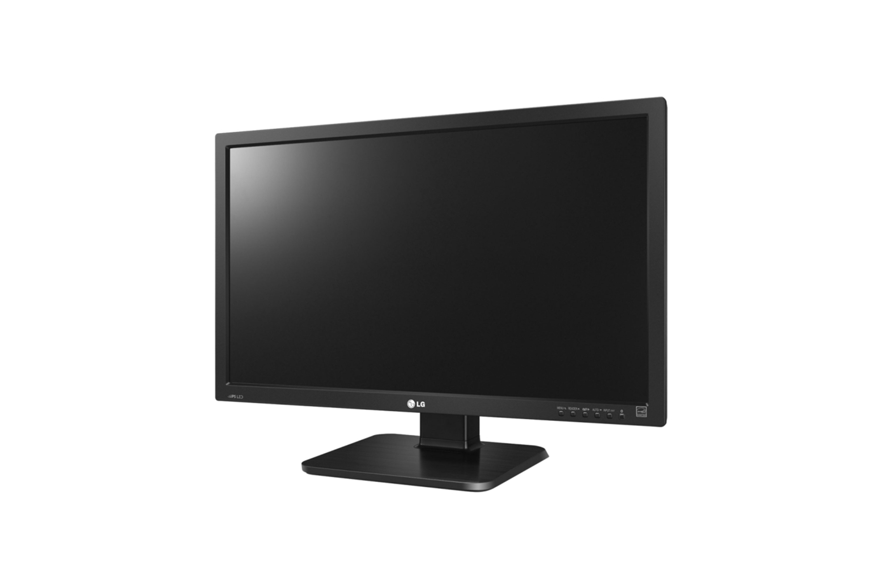Schwarzer LG-Monitor auf einem schwarzen Ständer. Der Bildschirm ist schwarz. Weißer Hintergrund.