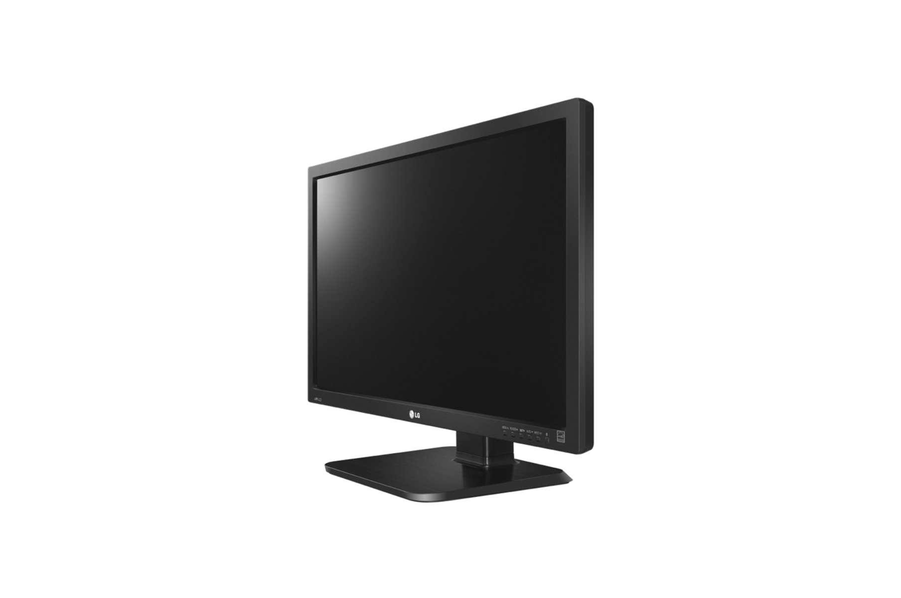 Ein schwarzer Computermonitor auf weißem Hintergrund. Der Bildschirm ist leer und der Rahmen ist schwarz.