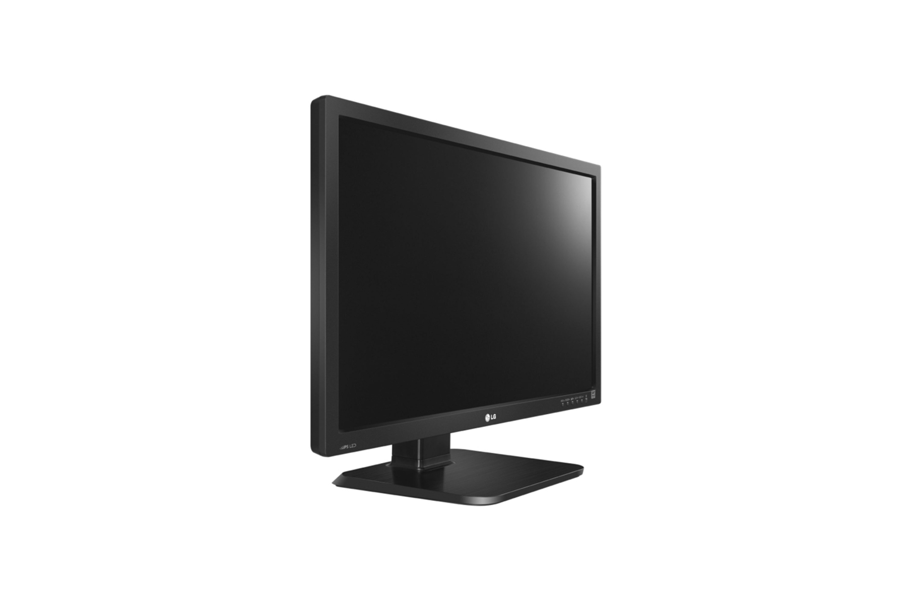 Schwarzer Computermonitor mit schwarzem Bildschirm auf weißem Hintergrund.