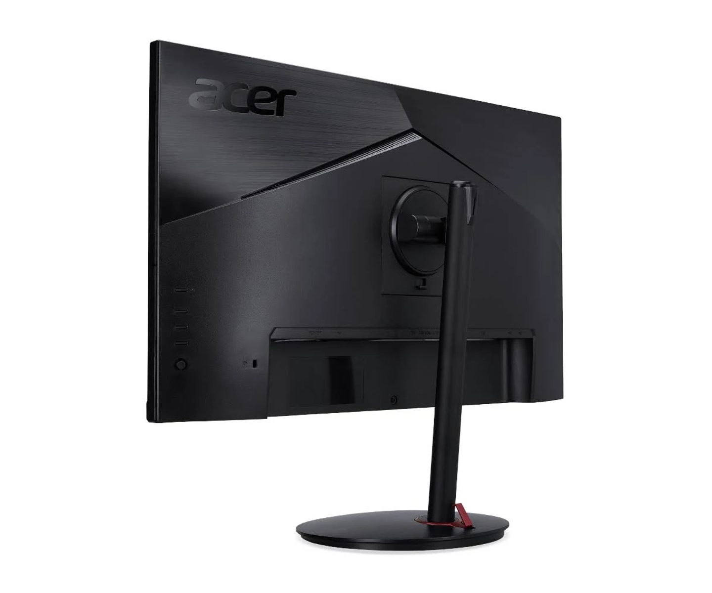 Widok z tyłu czarnego monitora Acer. Podstawa jest czarna z czerwonym akcentem. Logo jest na górze.