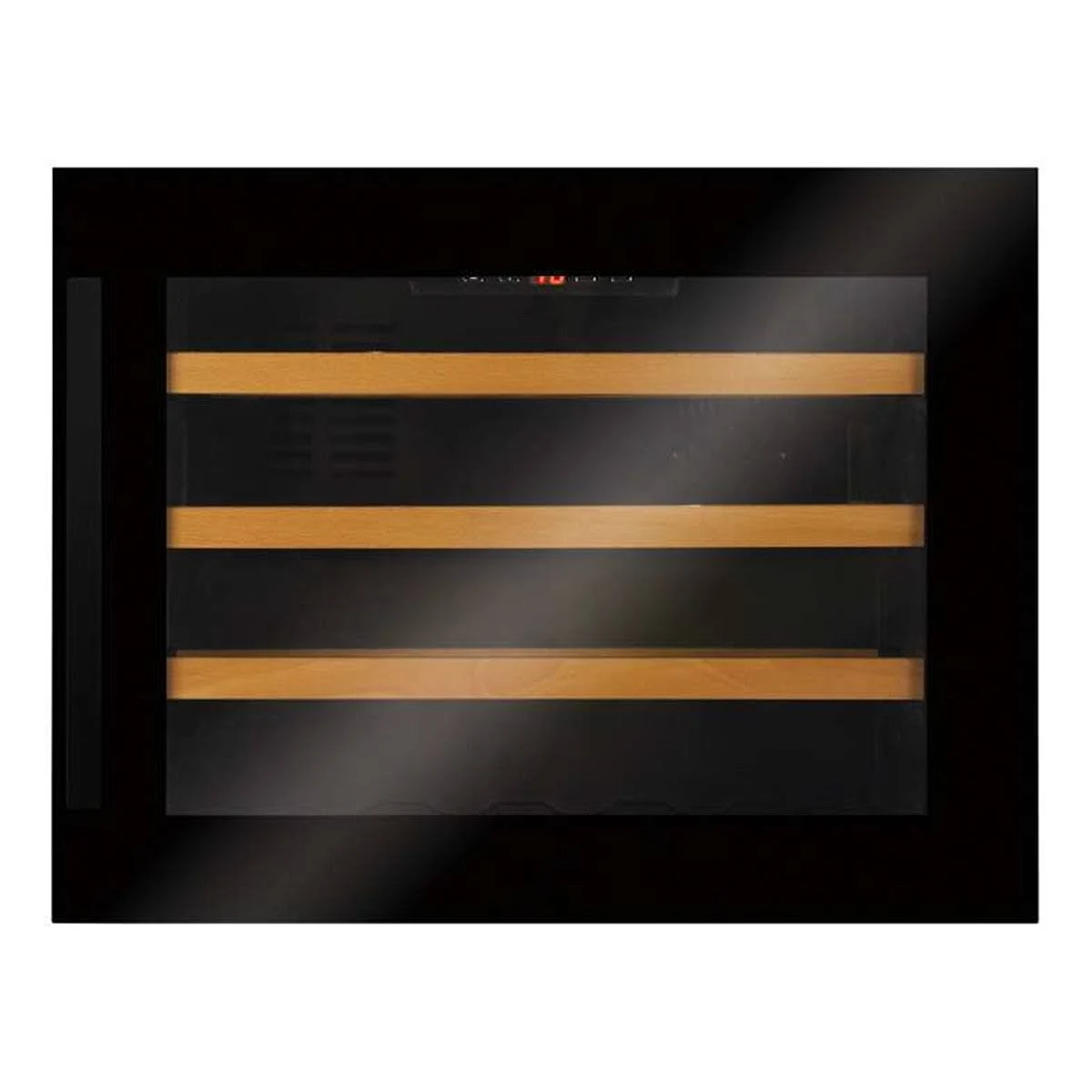Primo piano di un frigo per vini nero con ripiani in legno e display digitale in alto.