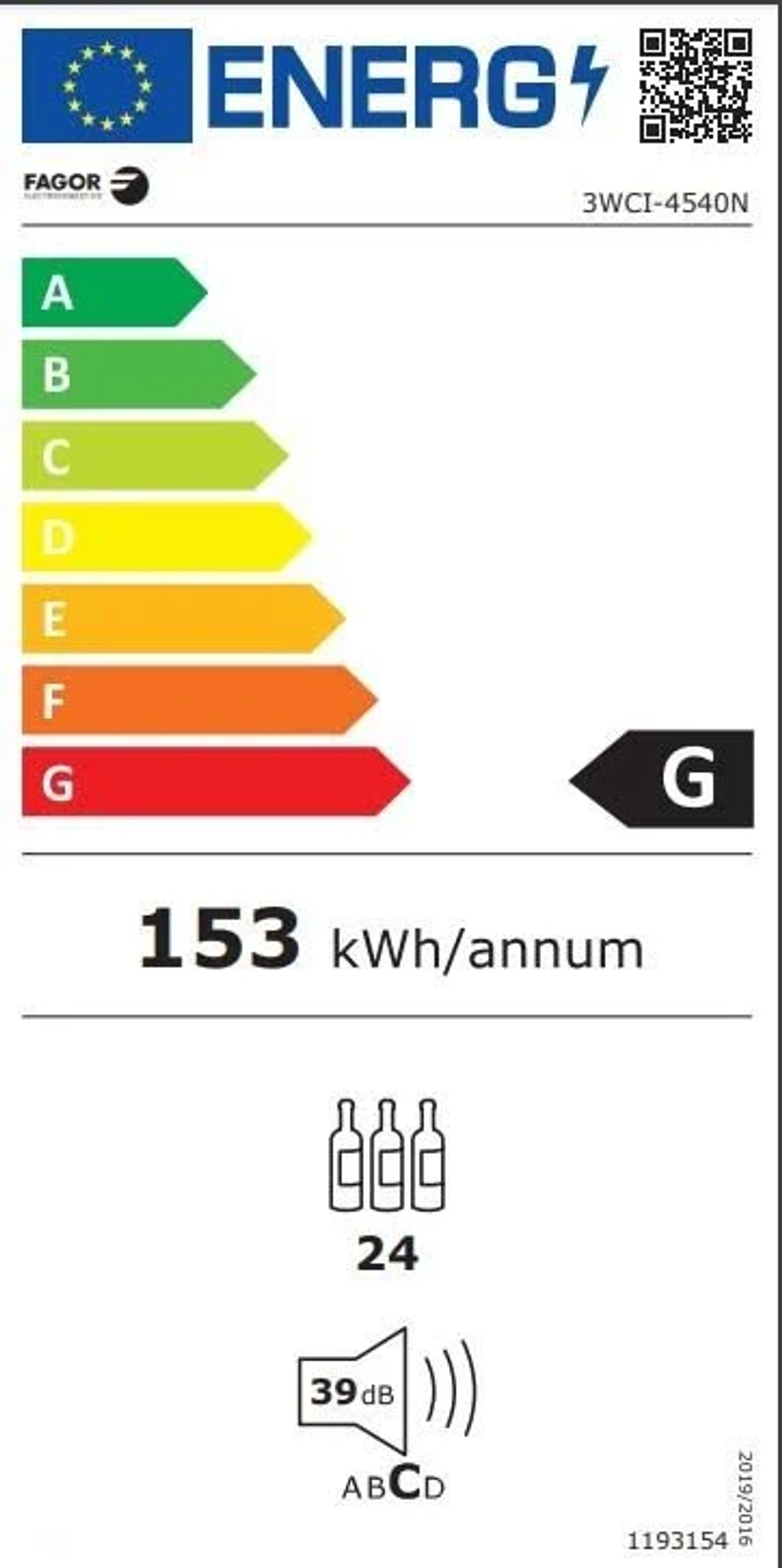 Etichetta energetica per un frigorifero Fagor. Valuta l'efficienza energetica, il rumore e il consumo d'acqua.