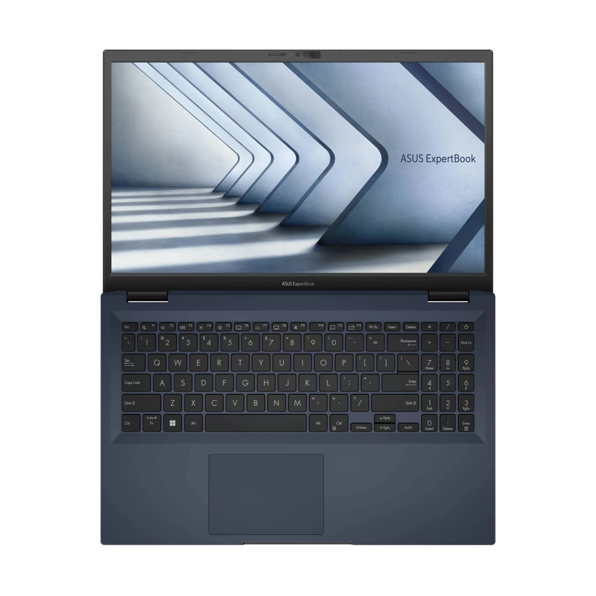Laptop blu con schermo aperto, che mostra una grafica blu e bianca. Tastiera visibile.
