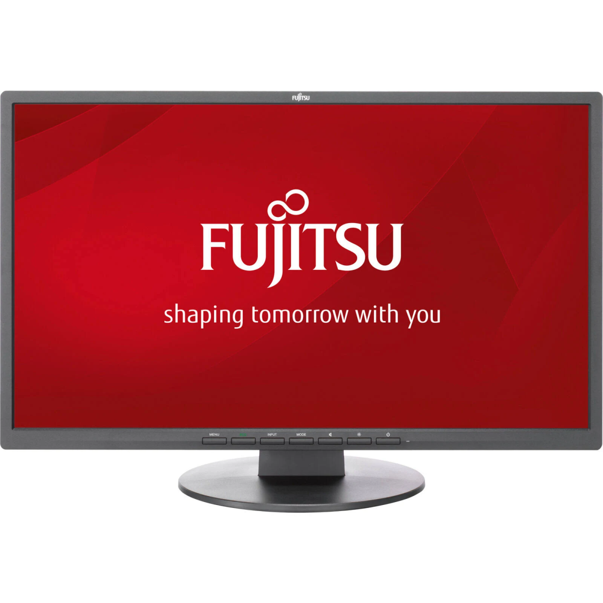 Monitor z czarną ramką, wyświetlający logo Fujitsu na czerwonym tle.