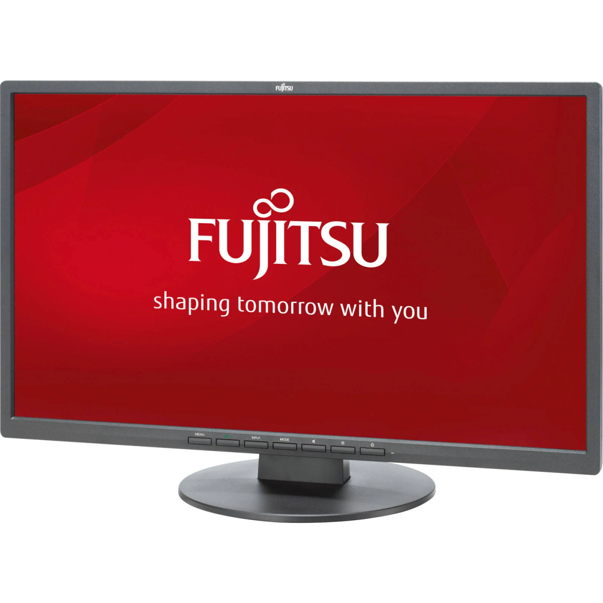Monitor komputera z czerwonym tłem oraz logo i tekstem FUJITSU.