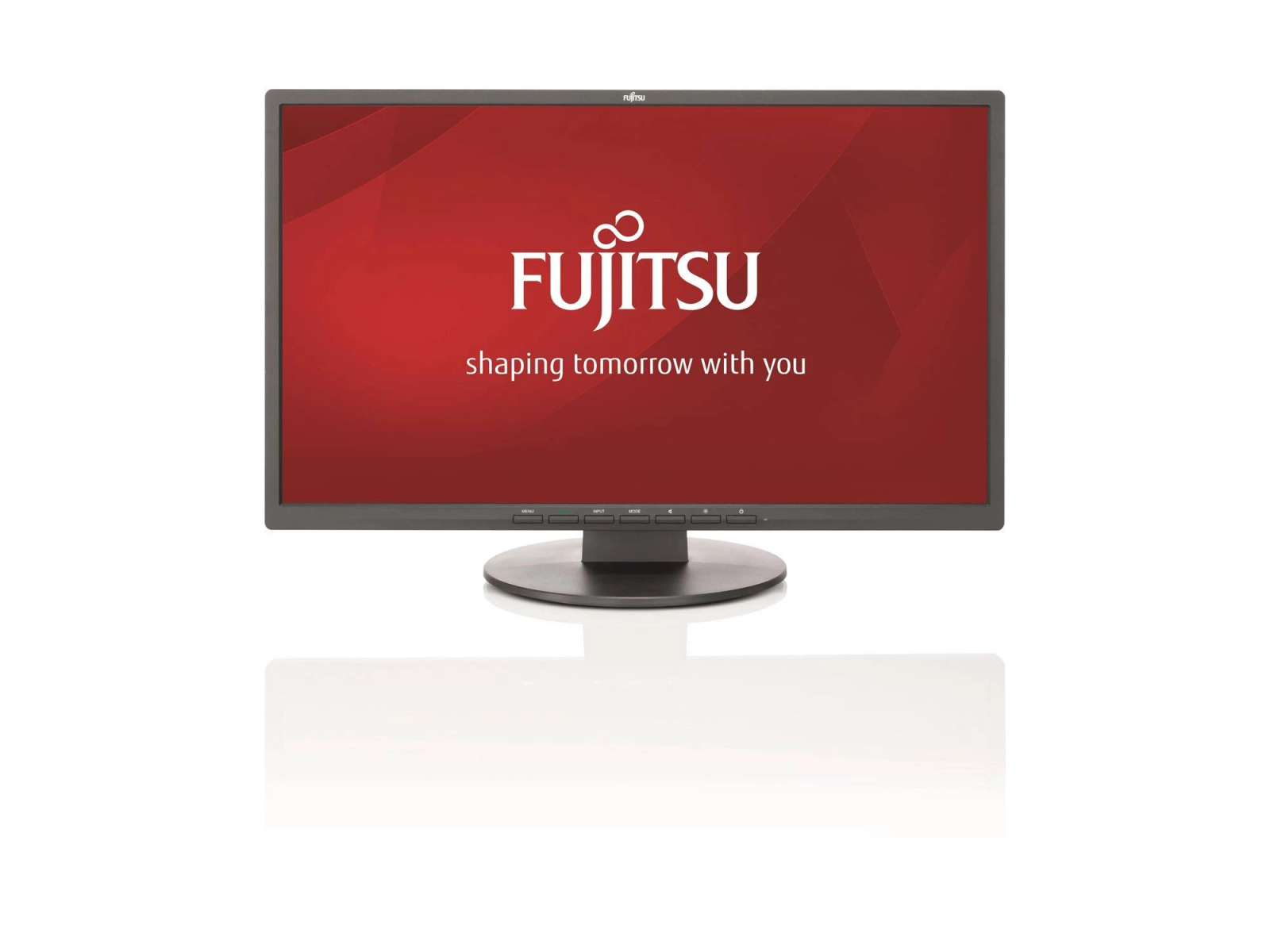 Monitor Fujitsu na białej powierzchni, wyświetlający czerwony ekran z logo Fujitsu.