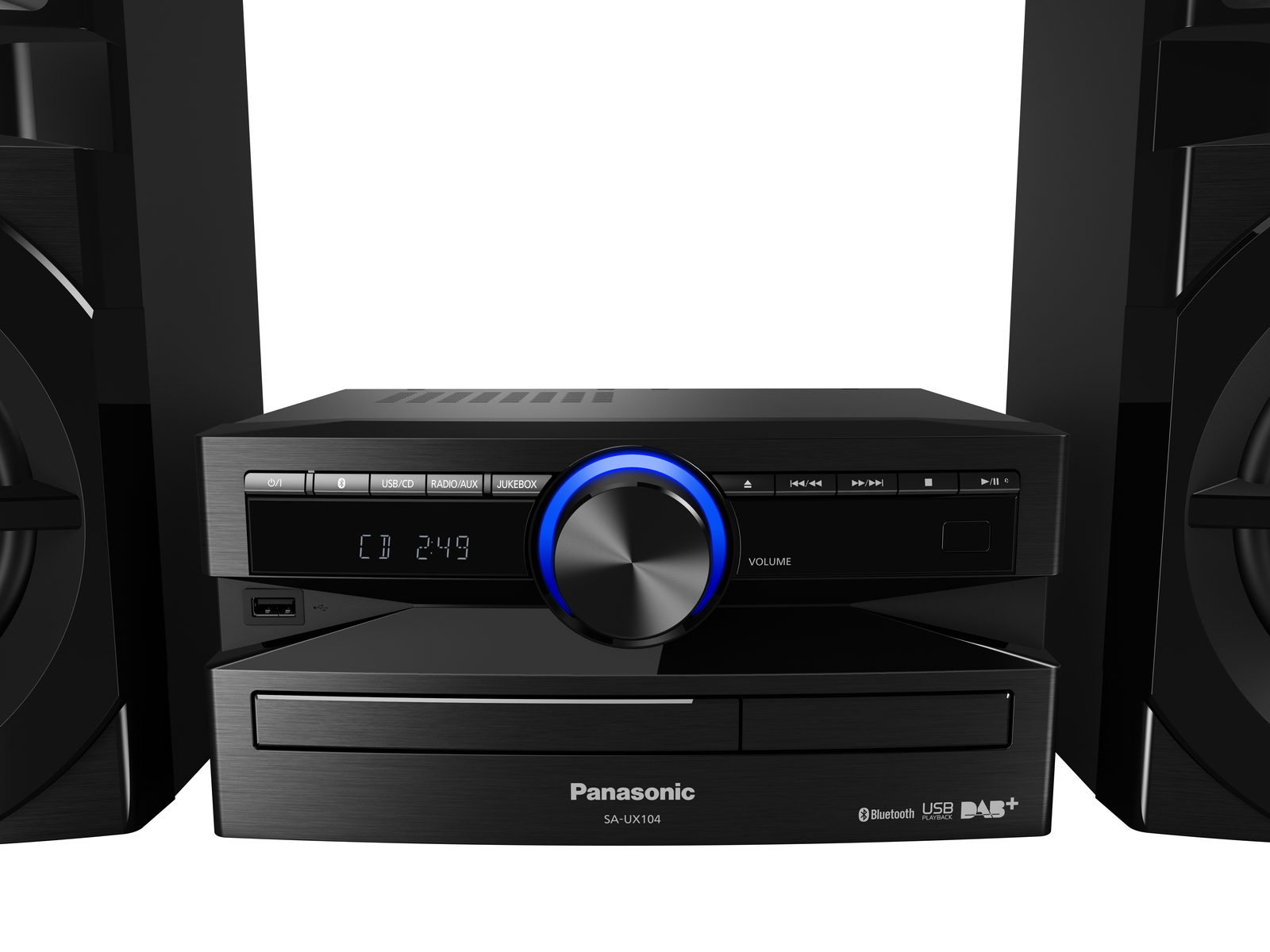 Impianto stereo nero con lettore CD e altoparlanti su sfondo bianco.