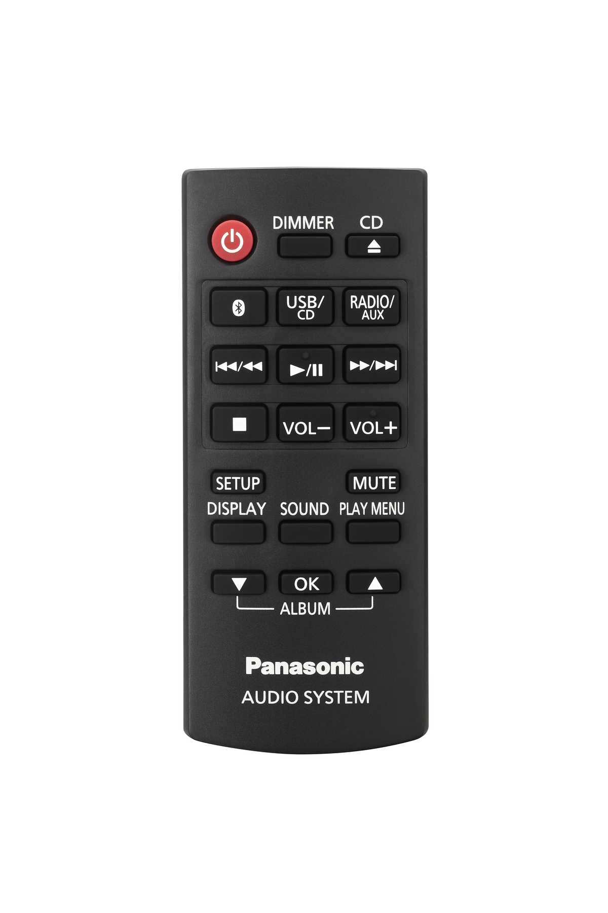 Telecomando nero del sistema audio Panasonic con vari pulsanti ed etichette su sfondo bianco.