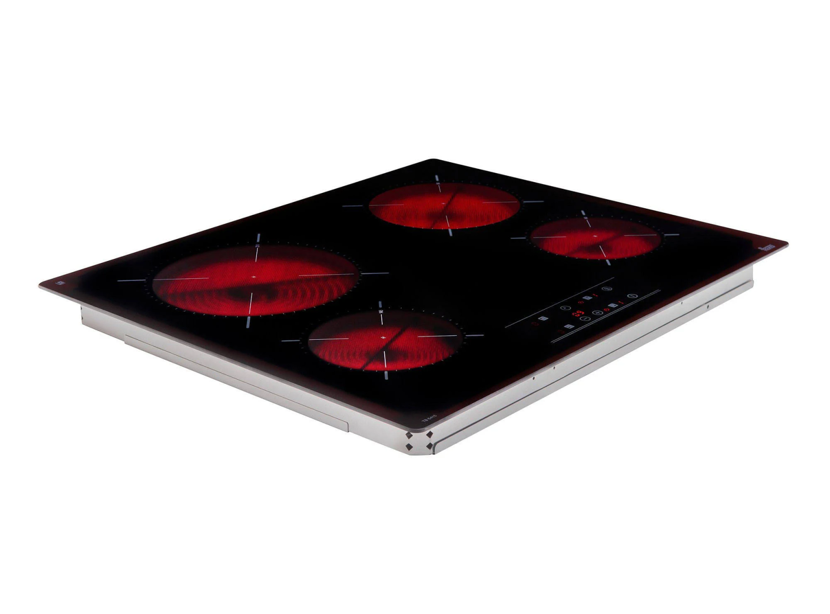Czarna płyta indukcyjna z czterema czerwonymi strefami gotowania.