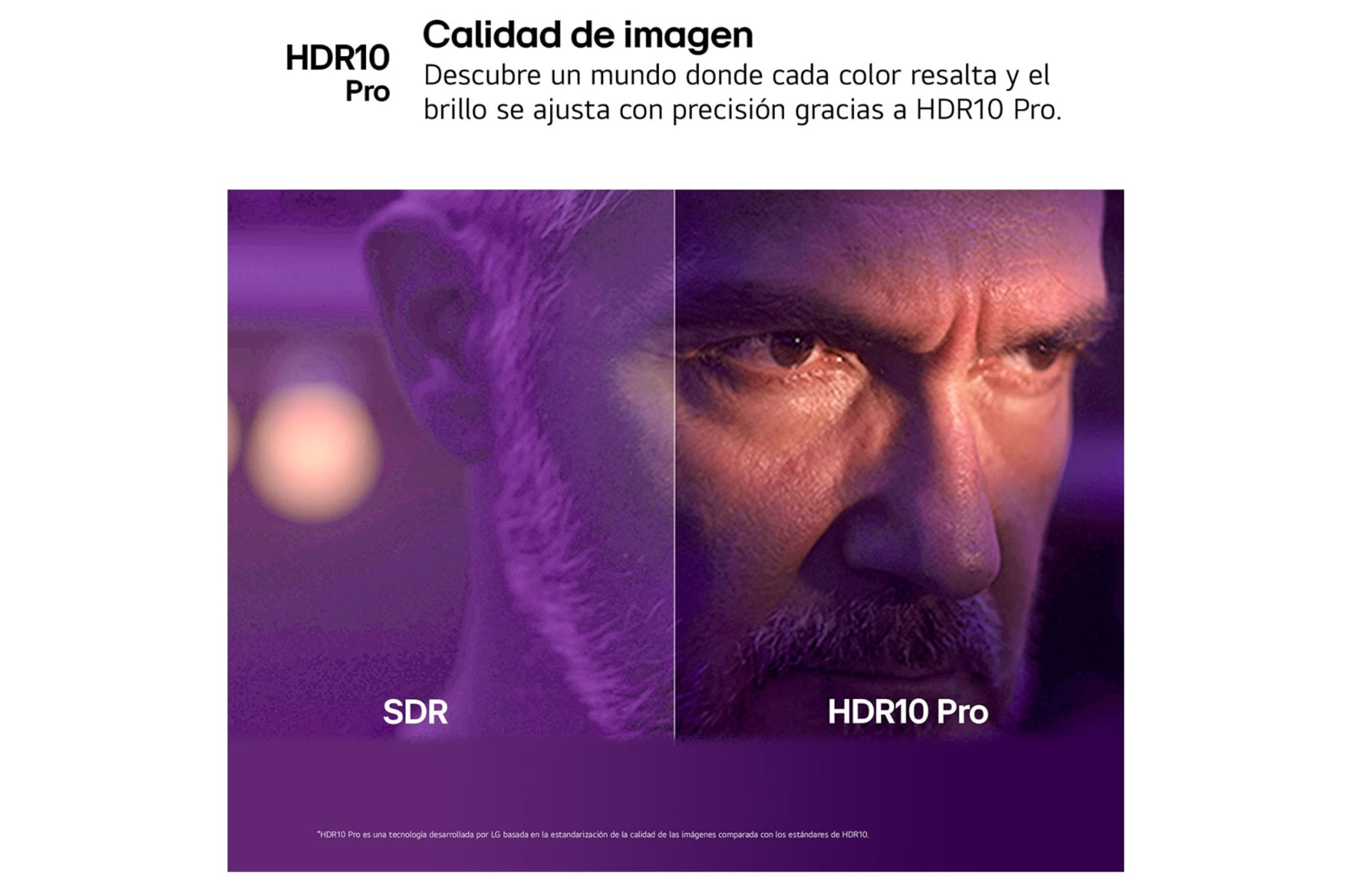 Afbeelding die SDR en HDR10 Pro vergelijkt. HDR10 Pro toont een levendigere, gedetailleerdere afbeelding.