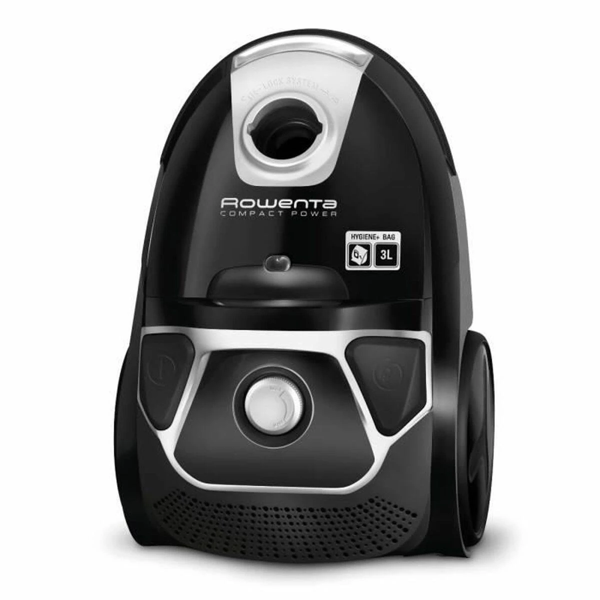 Aspirateur noir et argenté avec la marque Rowenta Compact Power.