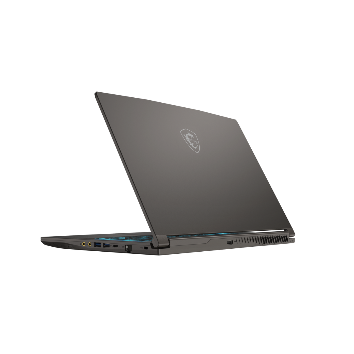 Ordenador portátil gris oscuro. La pantalla está abierta, mostrando el teclado y la carcasa trasera.