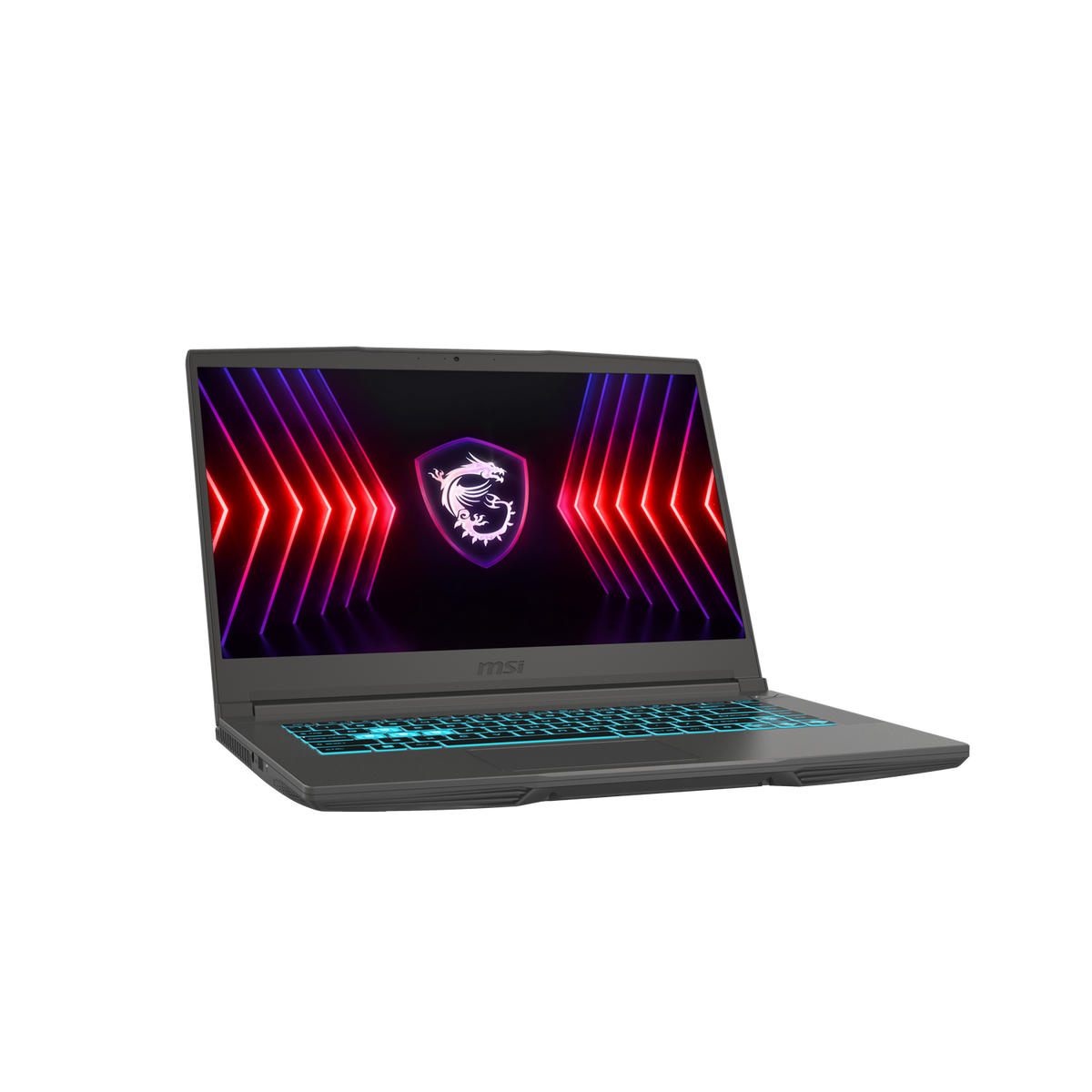 Portátil MSI abierto, sobre un fondo oscuro. Pantalla muestra un logo con líneas rojas.
