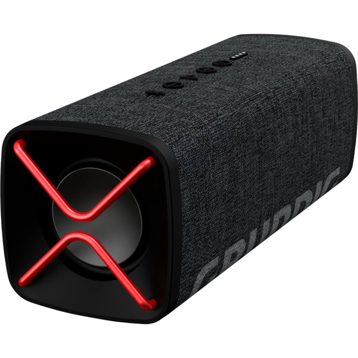 Prostokątny czarny głośnik z czerwonymi akcentami, pokazany z przodu. Czerwone paski w kształcie X zdobią przód.