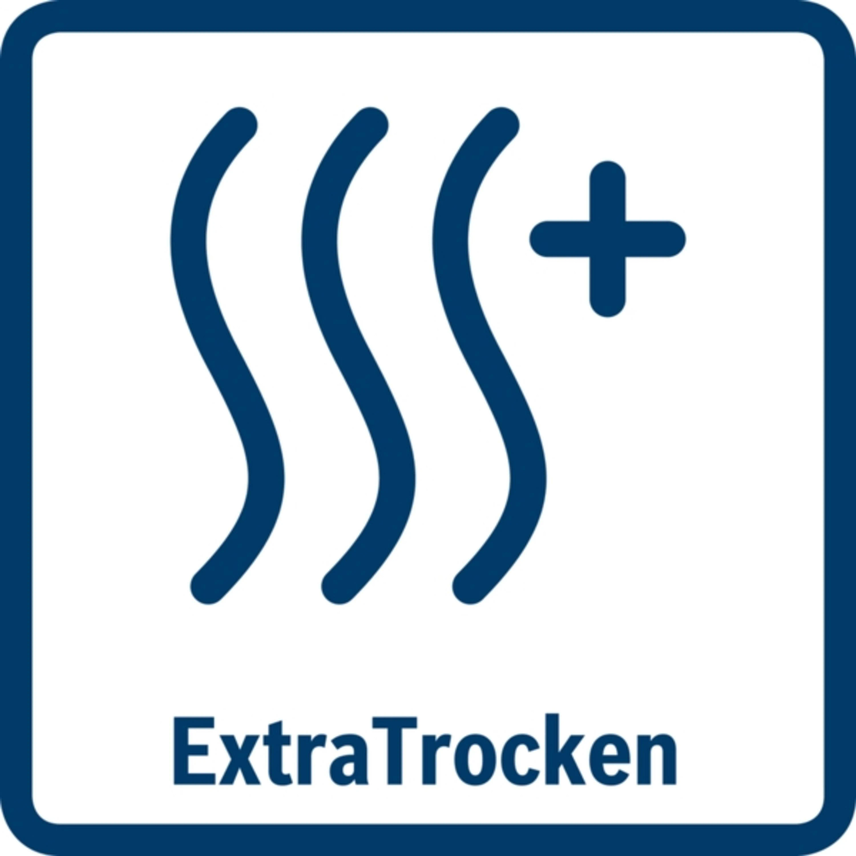 Symbool voor 'Extra Trocken' (Extra Droog) met stoomachtige lijnen en een plus-teken.