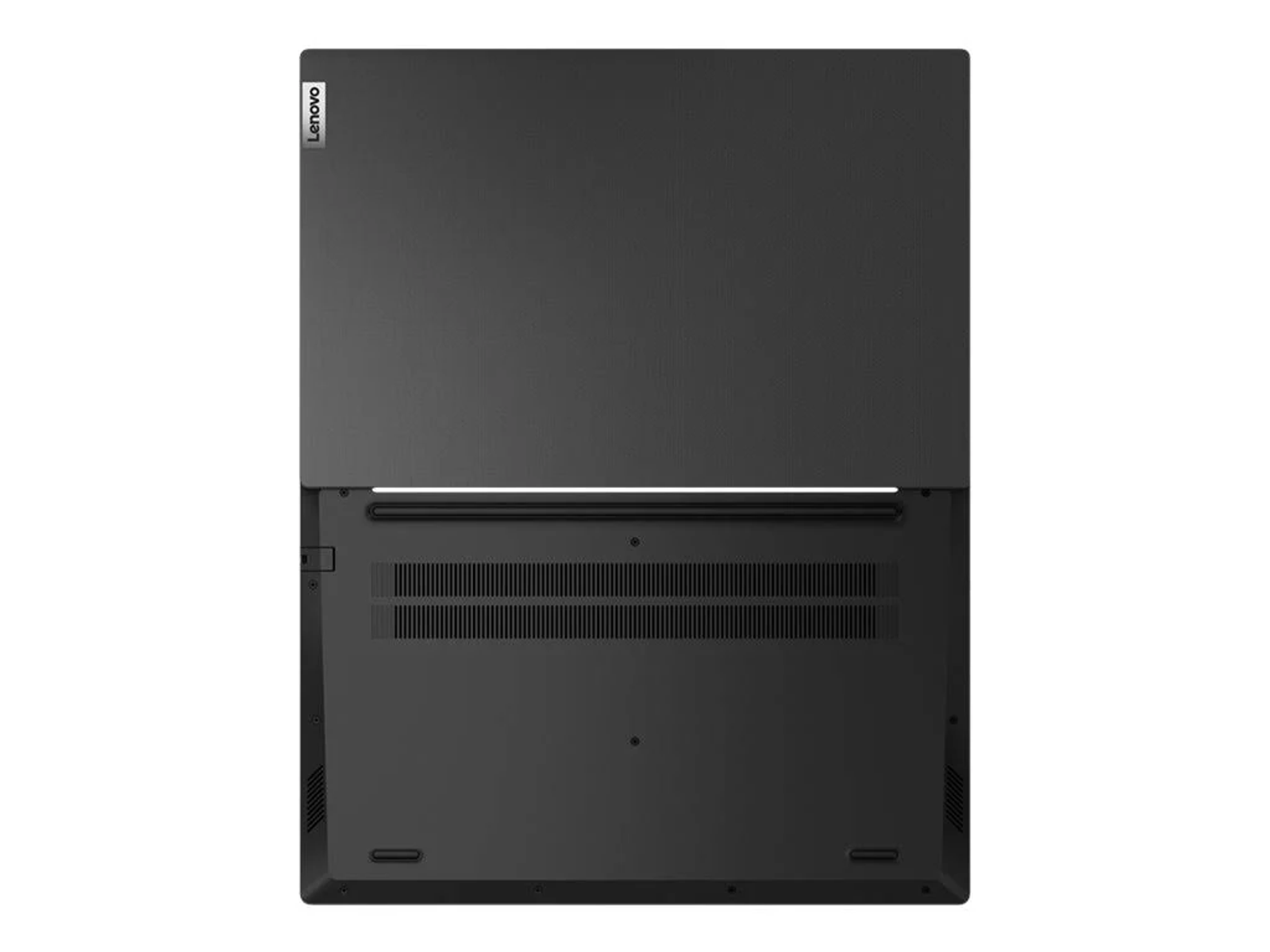 Die Unterseite eines schwarzen Lenovo Laptops mit Lüftungsschlitzen und Anschlüssen.