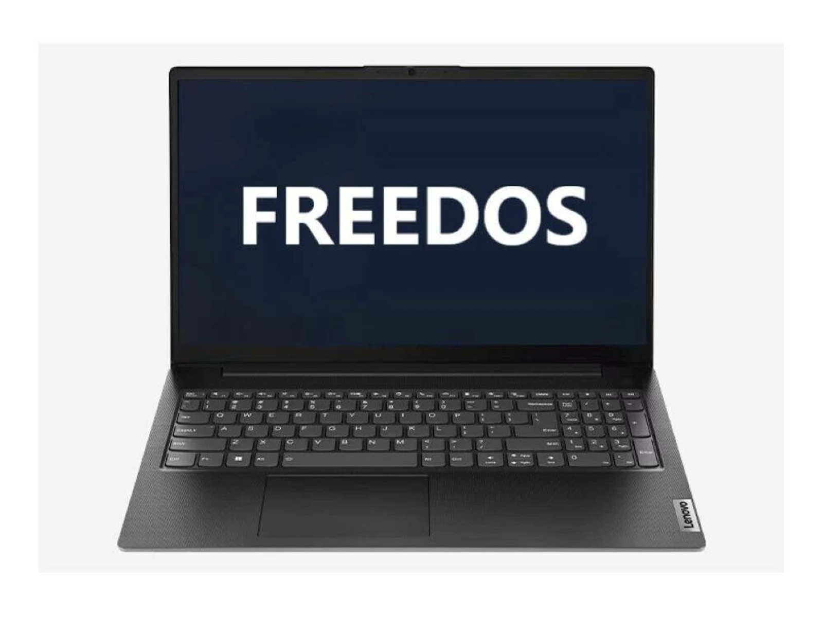 Laptop-Bildschirm mit dem Wort 'FREEDOS'. Schwarzer Laptop auf weißem Hintergrund.