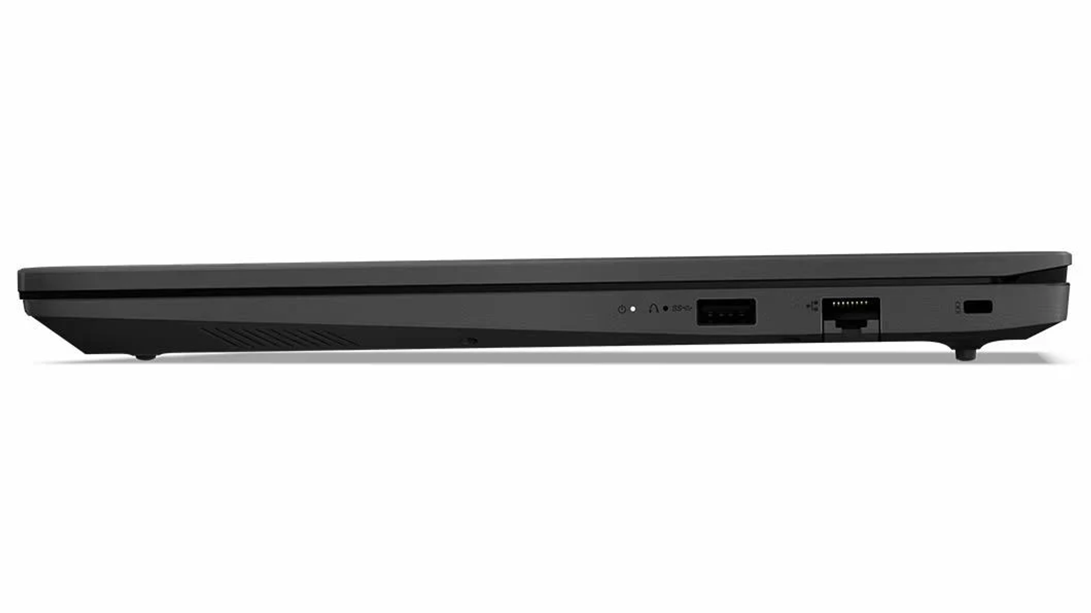 Seitenprofil eines schwarzen Laptops mit sichtbaren Anschlüssen an der Seite. Der Laptop ist geschlossen.
