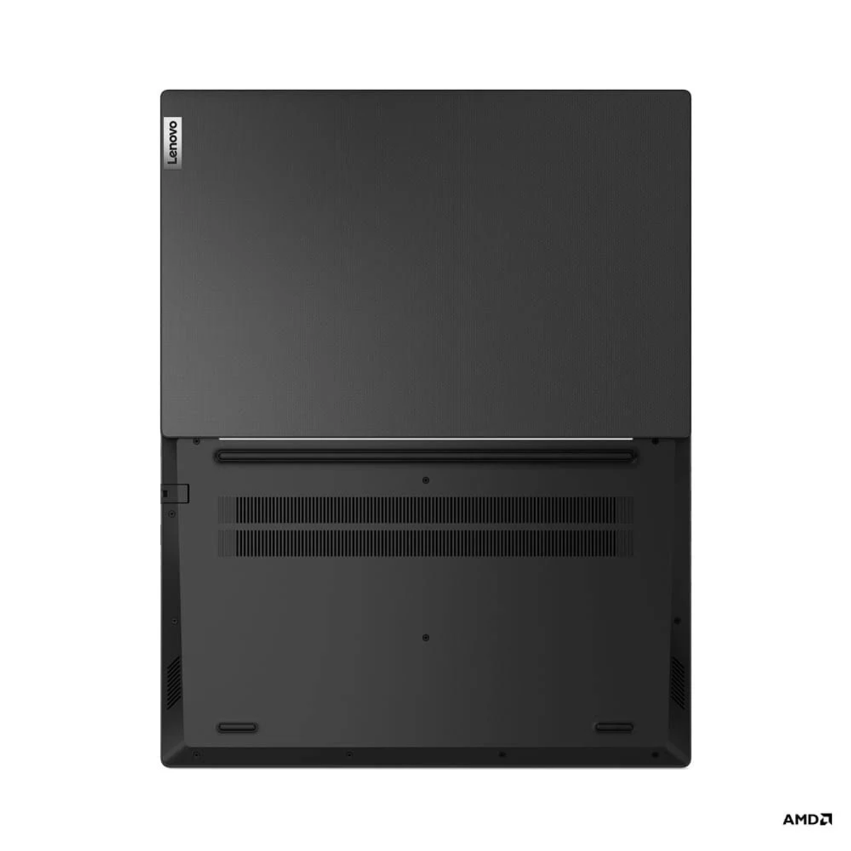 Laptop, Marke Lenovo, schwarz, Draufsicht, mit geöffnetem Bildschirm, zeigt die Tastatur.