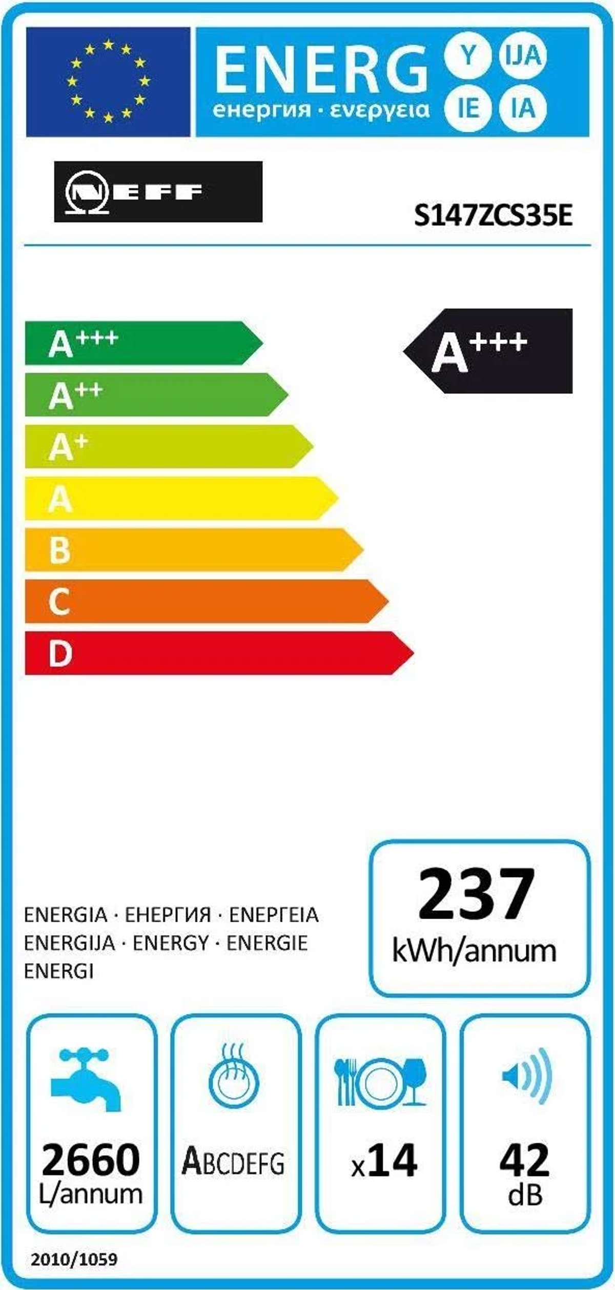 Energielabel für ein Neff-Gerät, zeigt Energieeffizienz und Verbrauchsdetails.