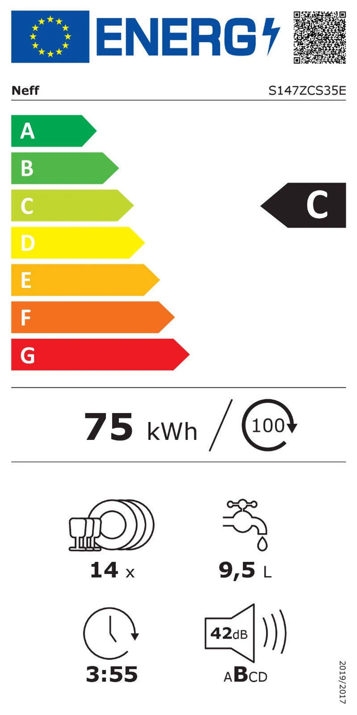 Energielabel für einen Neff Geschirrspüler, Energieeffizienzklasse C.