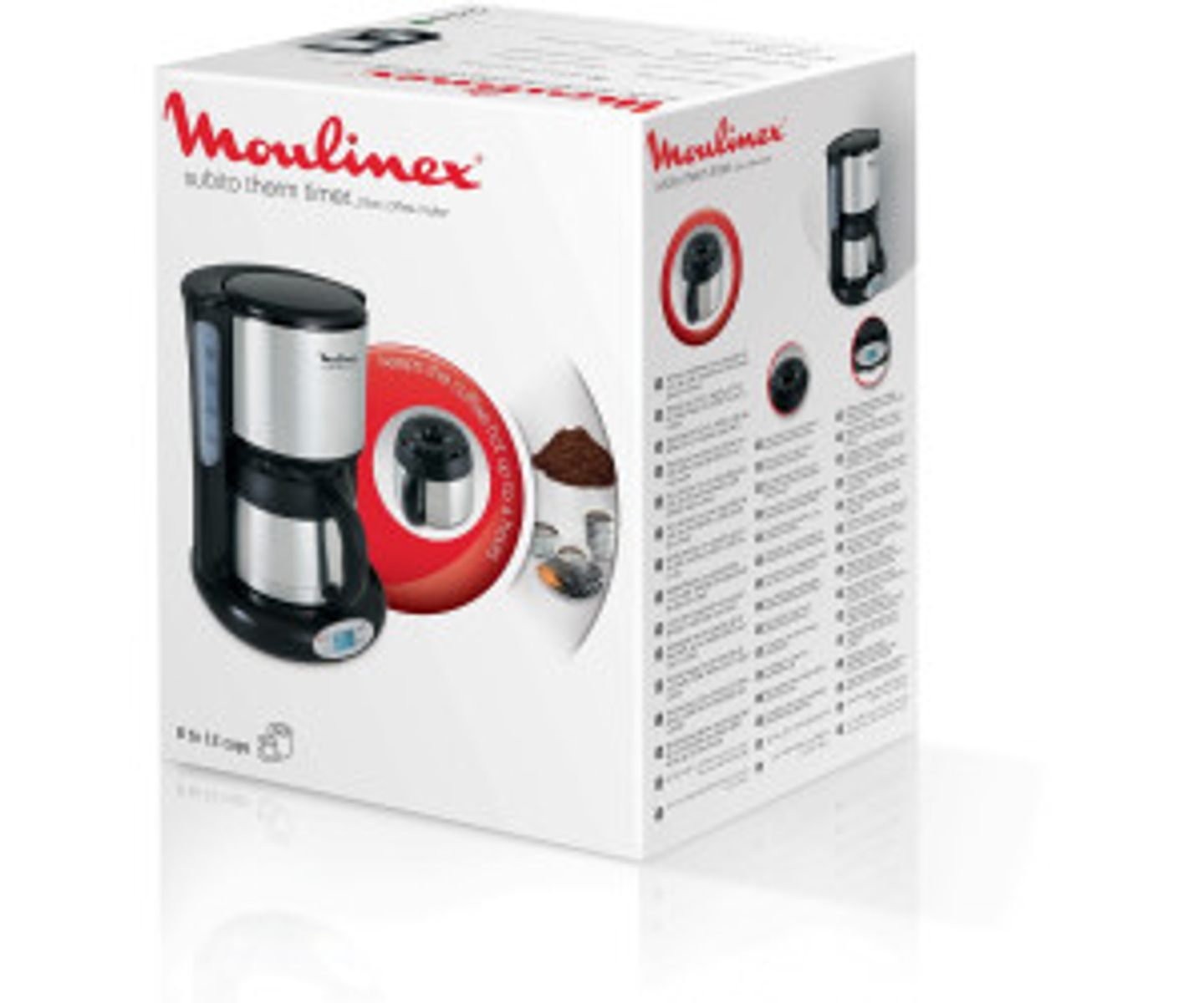 Ekspres do kawy w pudełku. Ma czarno-srebrny design. Pudełko jest białe.