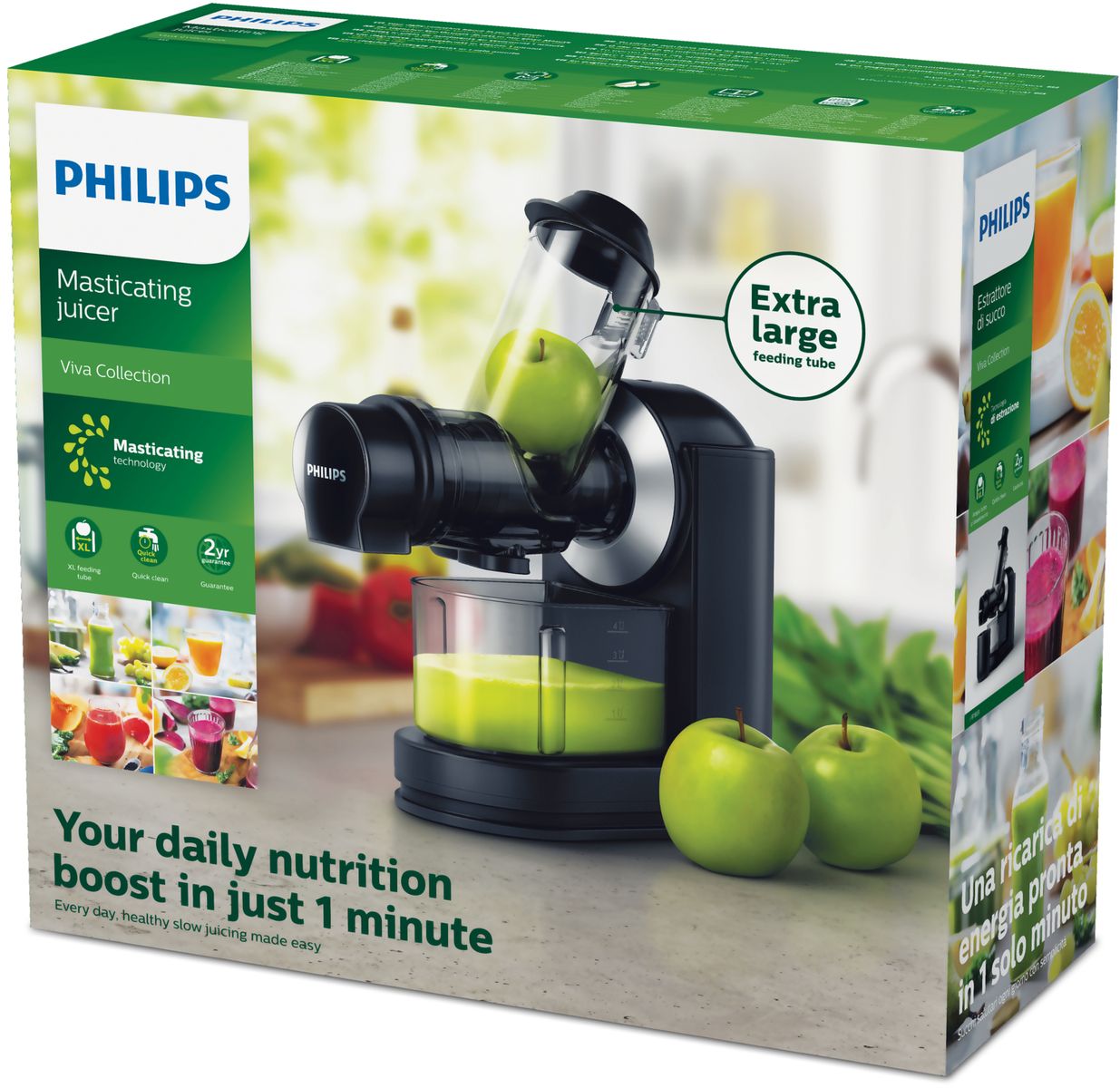 Ein Philips-Entsafter-Karton. Er zeigt einen Apfel, der entsaftet wird, mit einem Saftbehälter und zwei grünen Äpfeln.