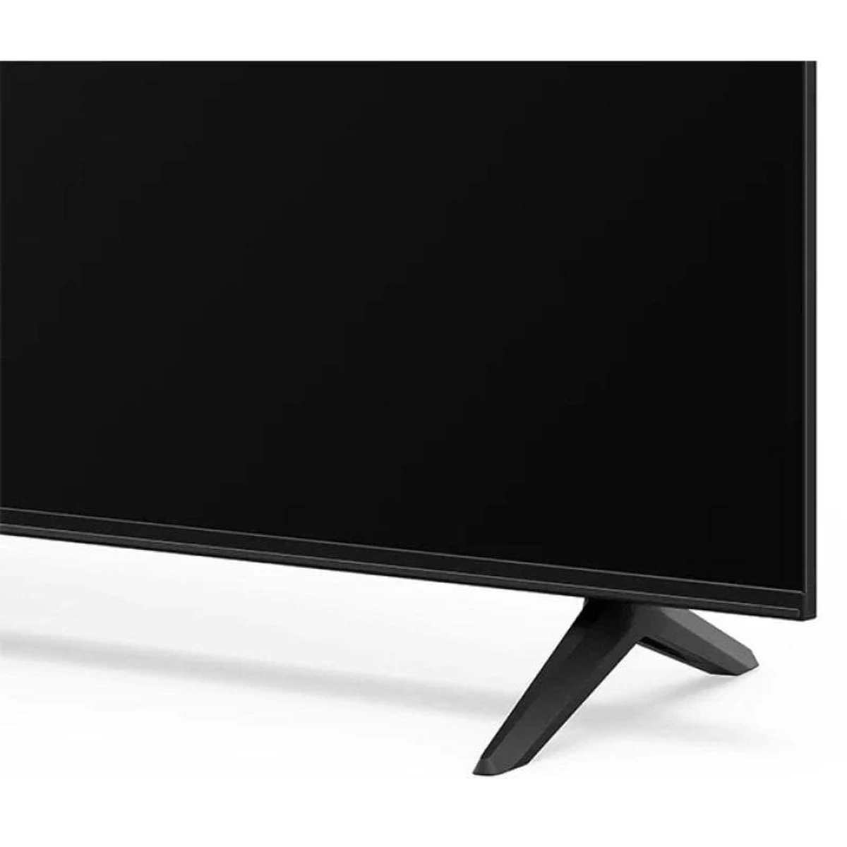 Televisor negro con soporte. La pantalla es negra y el marco delgado. Fondo blanco.