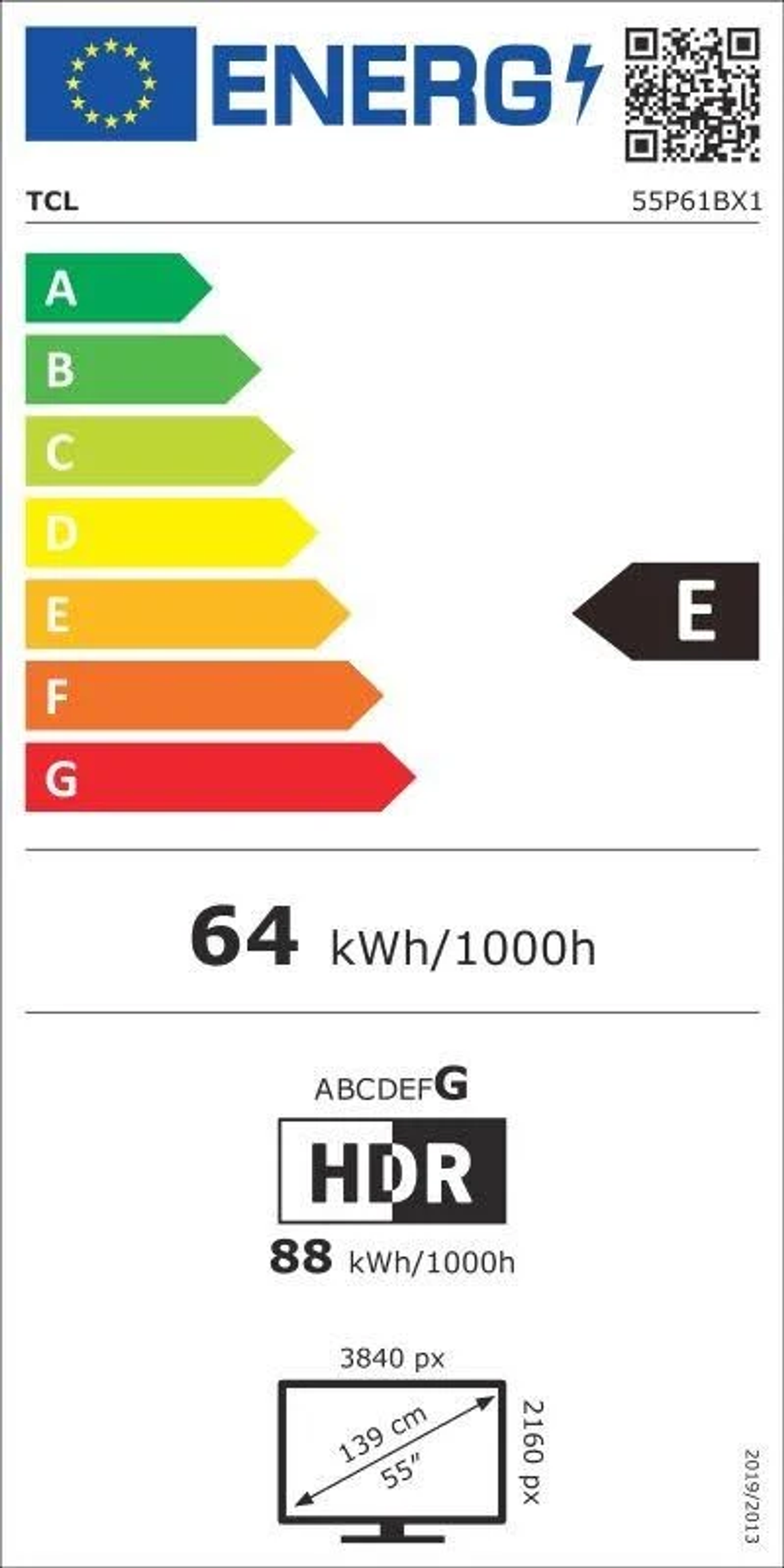 Una etiqueta energética que muestra una clasificación E para un televisor TCL.