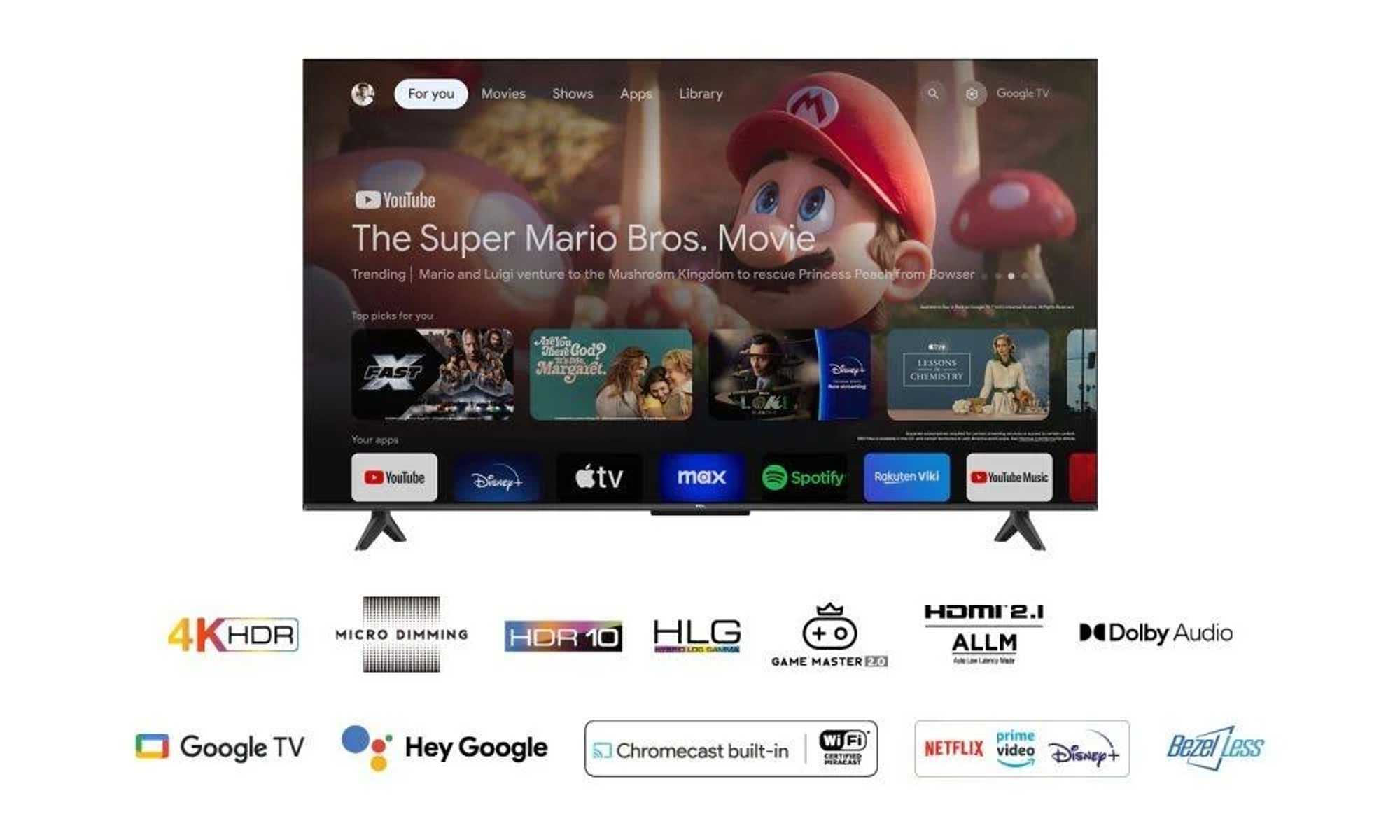 Pantalla de TV mostrando la película Super Mario Bros., con iconos de aplicaciones y logos abajo.