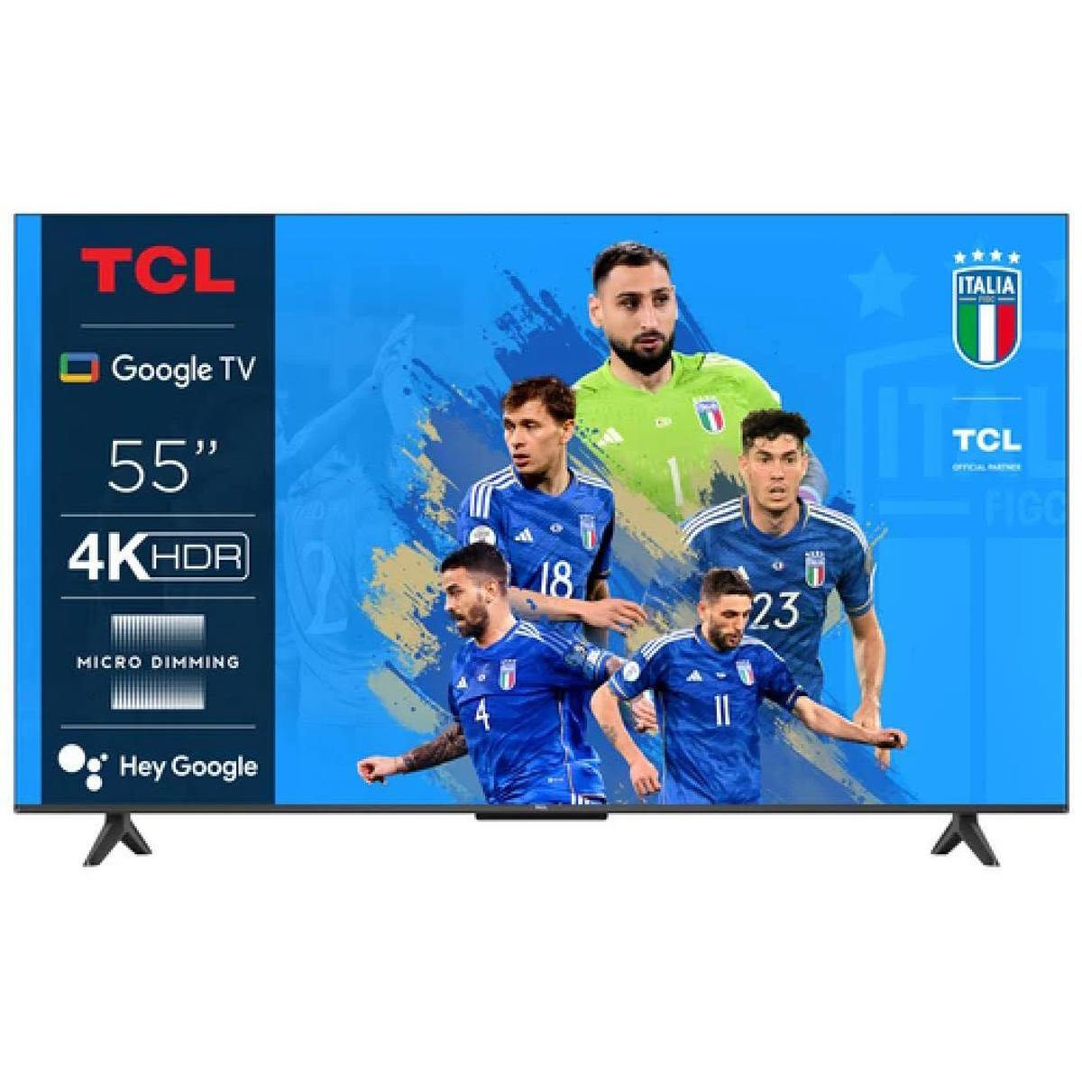 Televisor TCL mostrando la selección italiana de fútbol. 55 pulgadas, 4K HDR, con logos TCL y Google TV. Fondo azul.